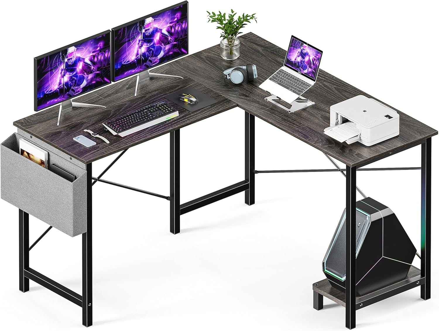 L Shaped Desk Gaming Computer 50 Inch Reversible Corner Table Pc For Writing Study Student With Wood Tabletop Metal Frame Cpu Stand Side Bag For Home Office Small Place, Grey Grey Wood