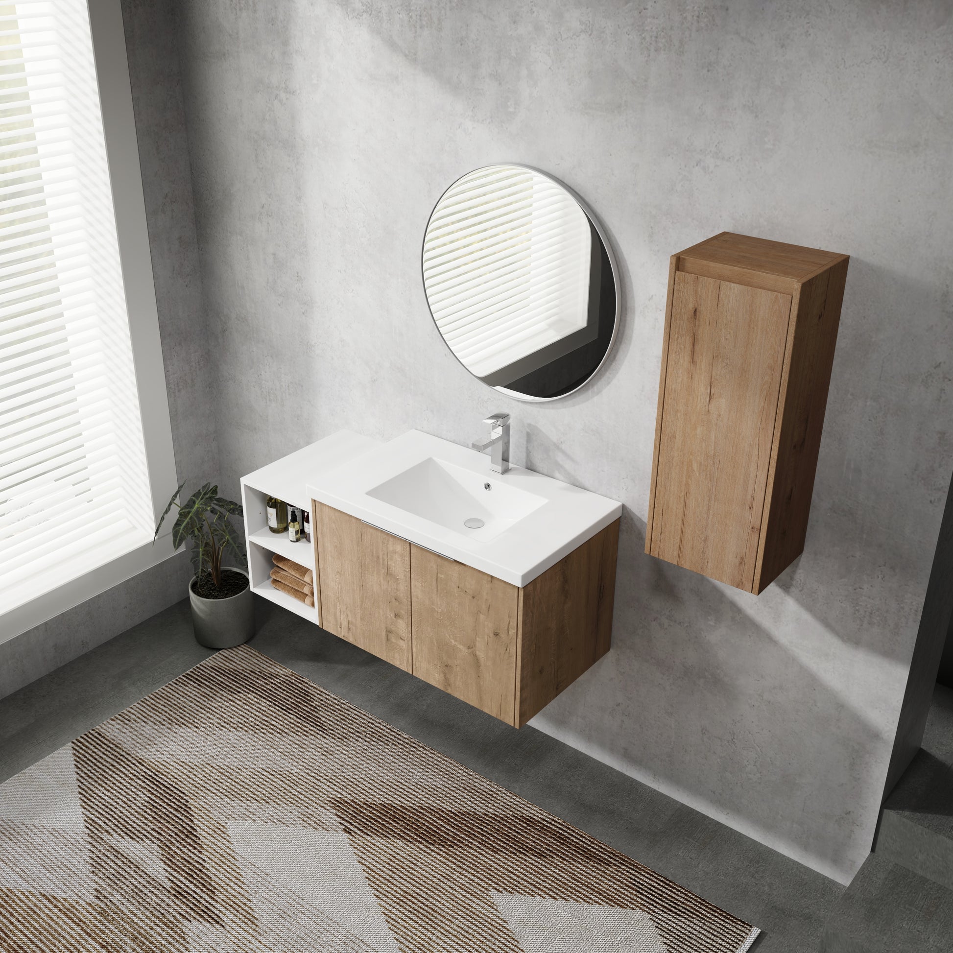 42" Wall Mounted Bathroom Vanity With Sink And Side Cabinet, Soft Close Doors,00112Imo 0630Imo 0612Gwh Combination Cabinet Kd Packing Imitative Oak Bathroom Modern Plywood Plywood