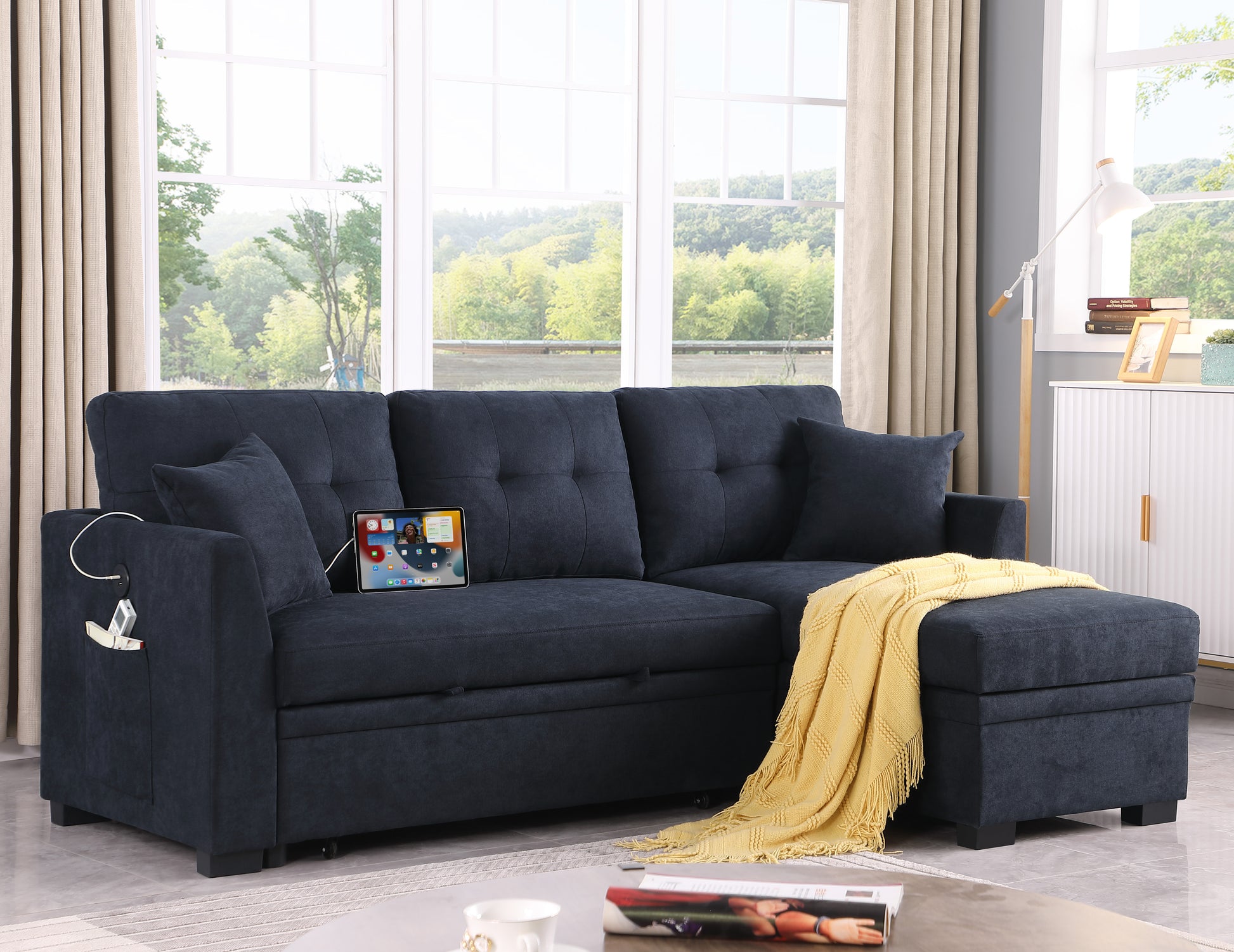 Sectional Sofa Bed L Shaped Sofa Couch Bed With Usb Port, Reversible Sofa Couch Sleeper With Pull Out Bed, Chaise With Storage, Pull Out Couch For Living Room Black Velvet 4 Seat