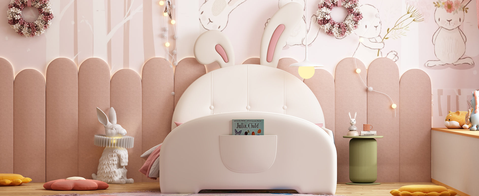 Twin Size Upholstered Rabbit Shape Princess Bed ,Twin Size Platform Bed With Headboard And Footboard,White Old Sku: Wf311629Aak White Pu
