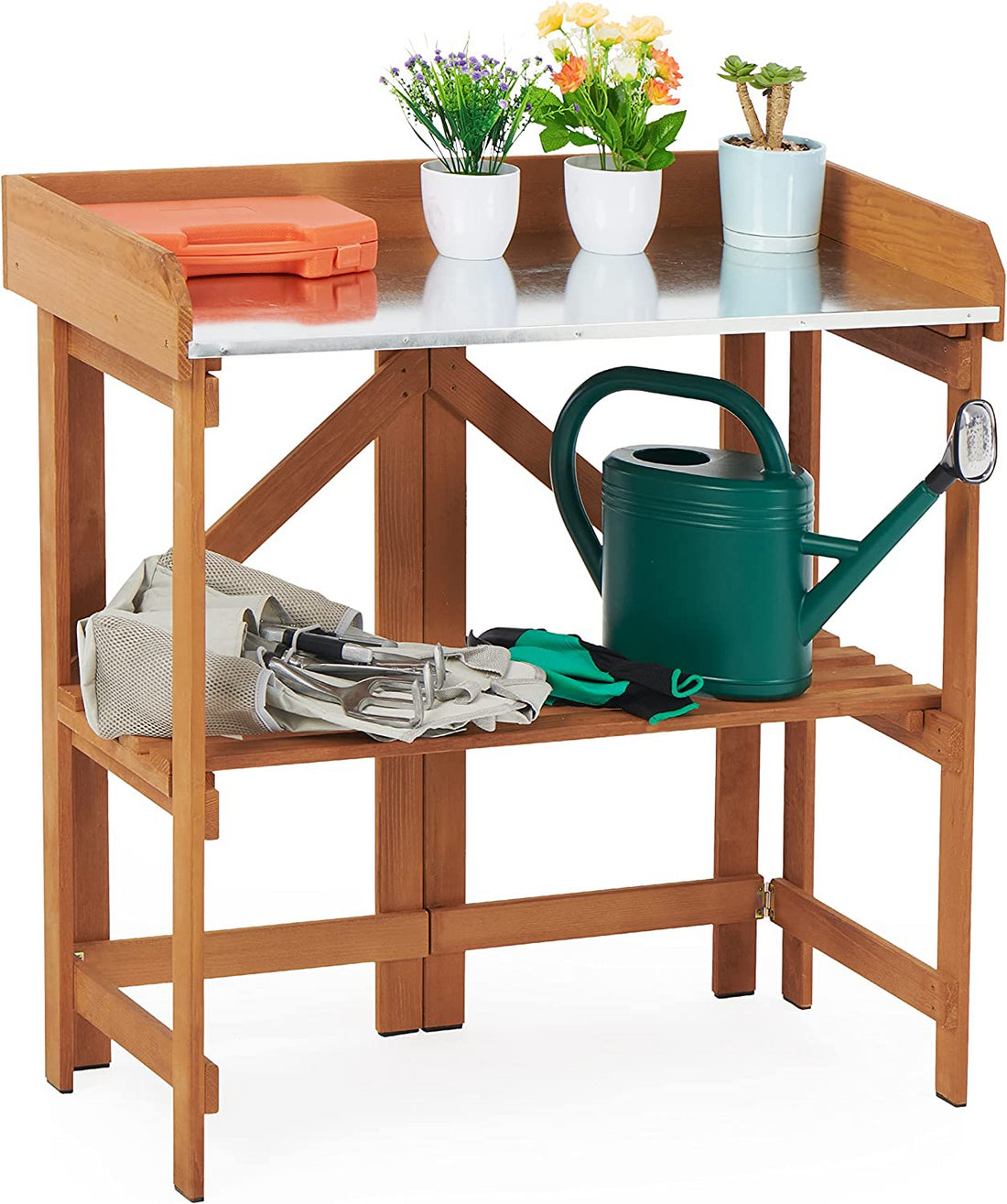Folding Potting Bench Outdoor Solid Wood Foldable Garden Workbench Station For Planting Horticulture With Shelves Reddish Brown Solid Wood