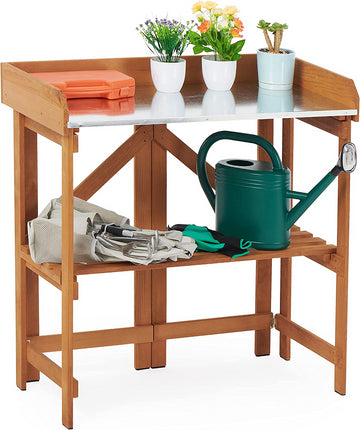 Folding Potting Bench Outdoor Solid Wood Foldable Garden Workbench Station For Planting Horticulture With Shelves Reddish Brown Solid Wood