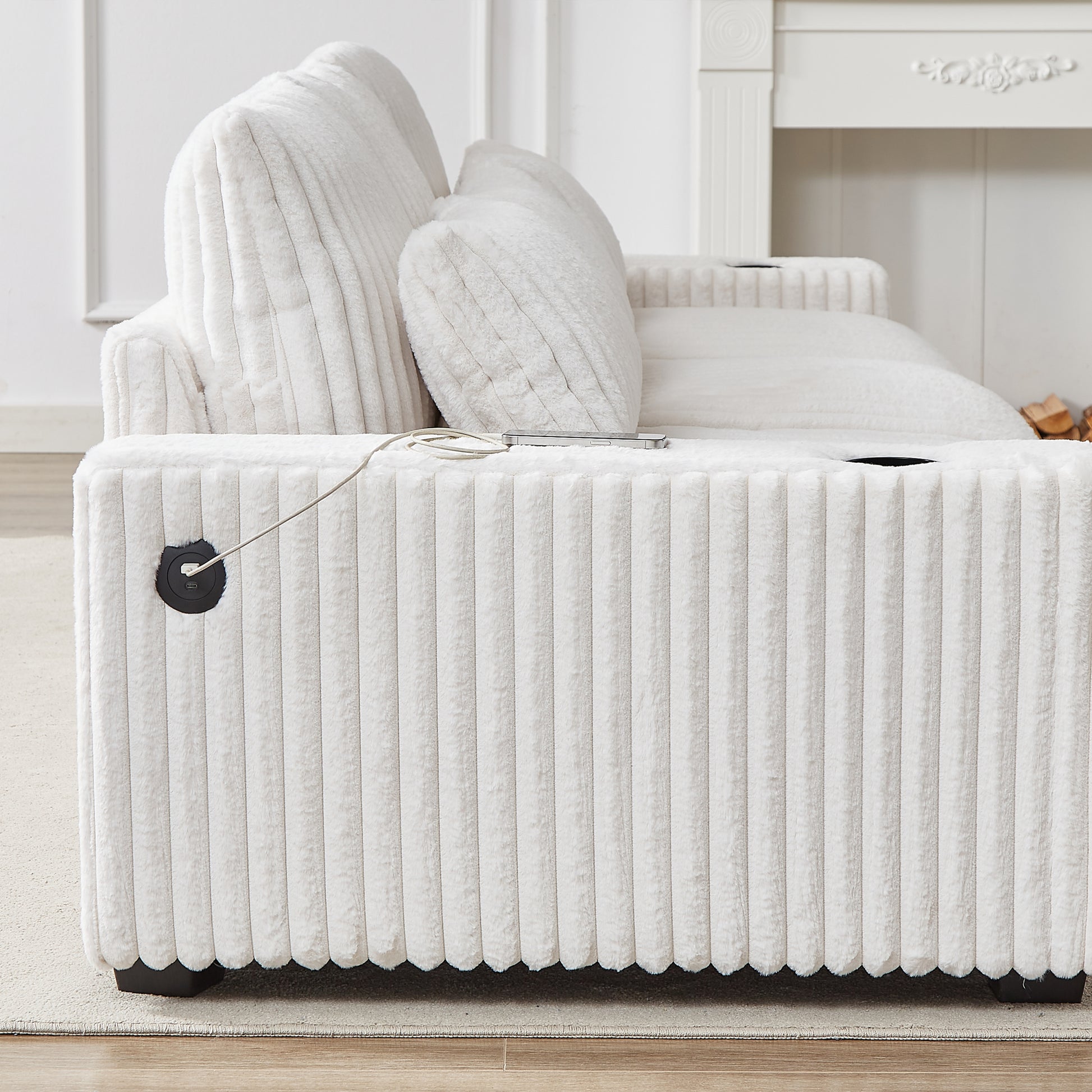 128 Inch Corduroy With Cup Holder Super Large L Shaped Sofa, Movable Footrest, Four Waist Pillows And Four Back Cushion, With Usb Port And T Pyce Port Beige Corduroy 3 Seat