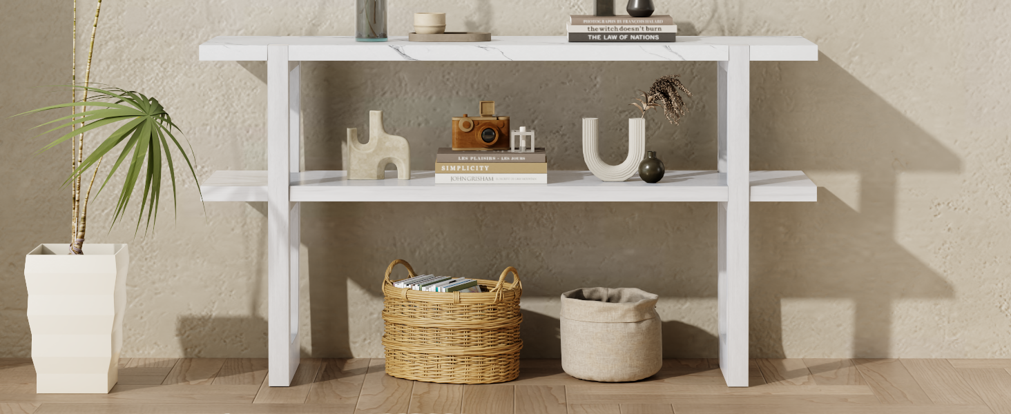 Retro Elegant Console Table With Marble Effect Top And Versatile Storage Solutions For Entryway And Living Room Antique White Antique White Solid Wood Mdf
