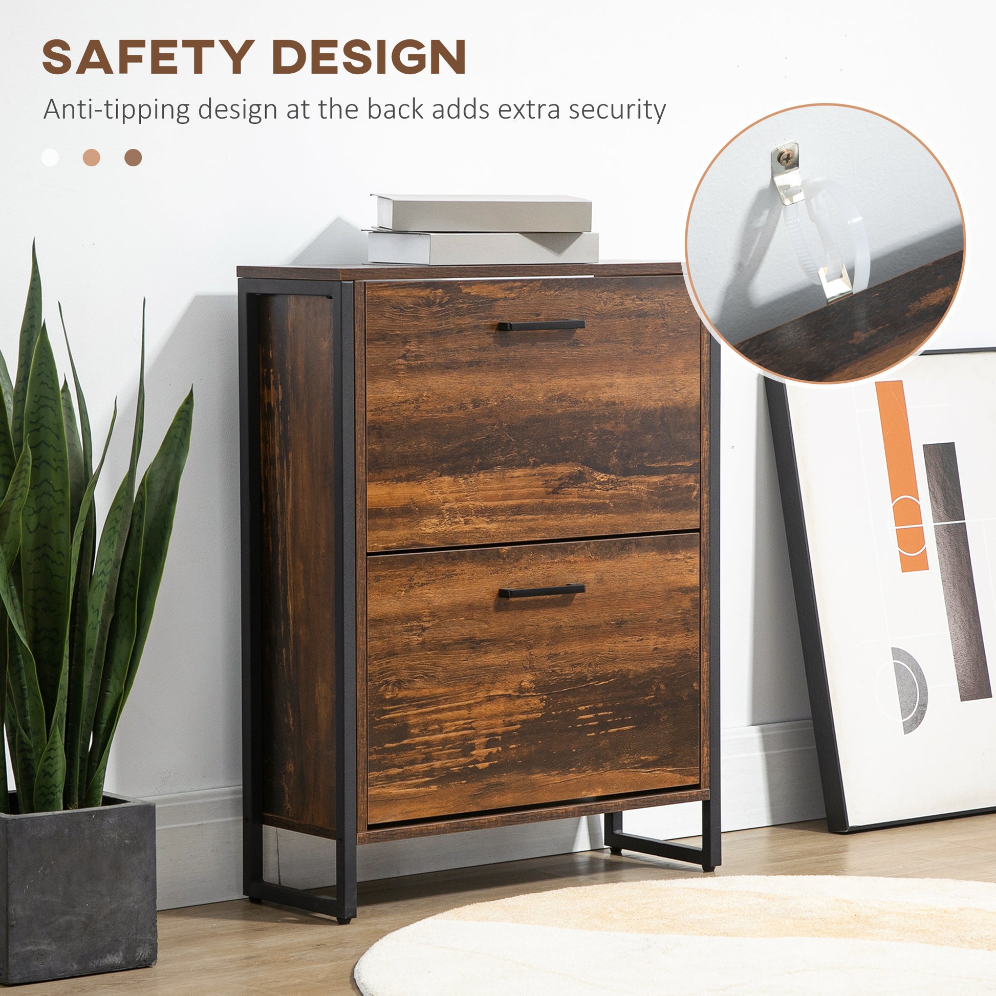 Homcom Industrial Shoe Cabinet With 2 Flip Drawers, Freestanding Shoe Storage Cabinet For 12 Pairs, Narrow Slim Shoe Rack For Entryway, Hallway, Rustic Brown Rustic Brown Particle Board