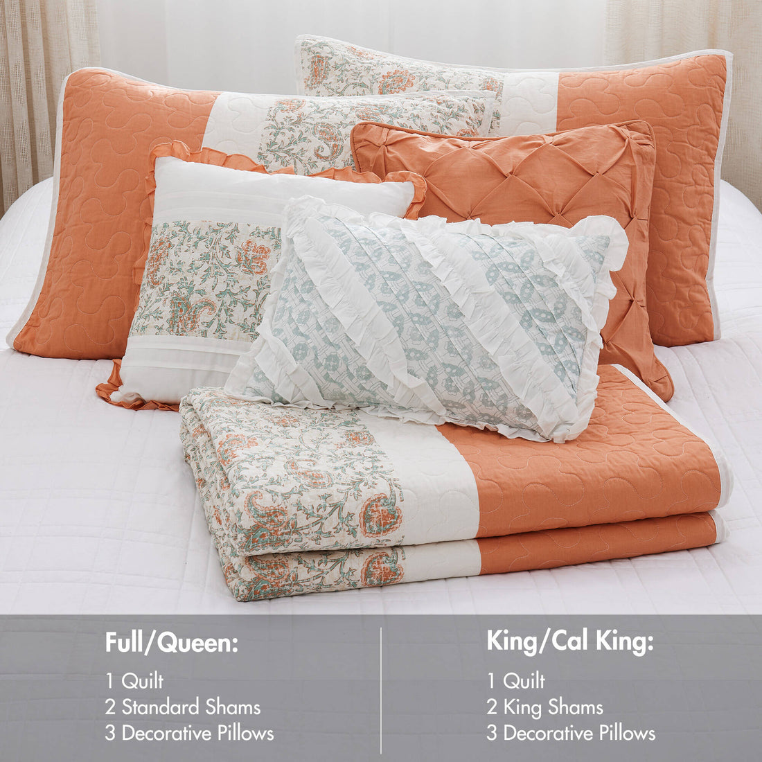 6 Piece Cotton Percale Quilt Set With Throw Pillows Coral King Cal King King Coral Polyester