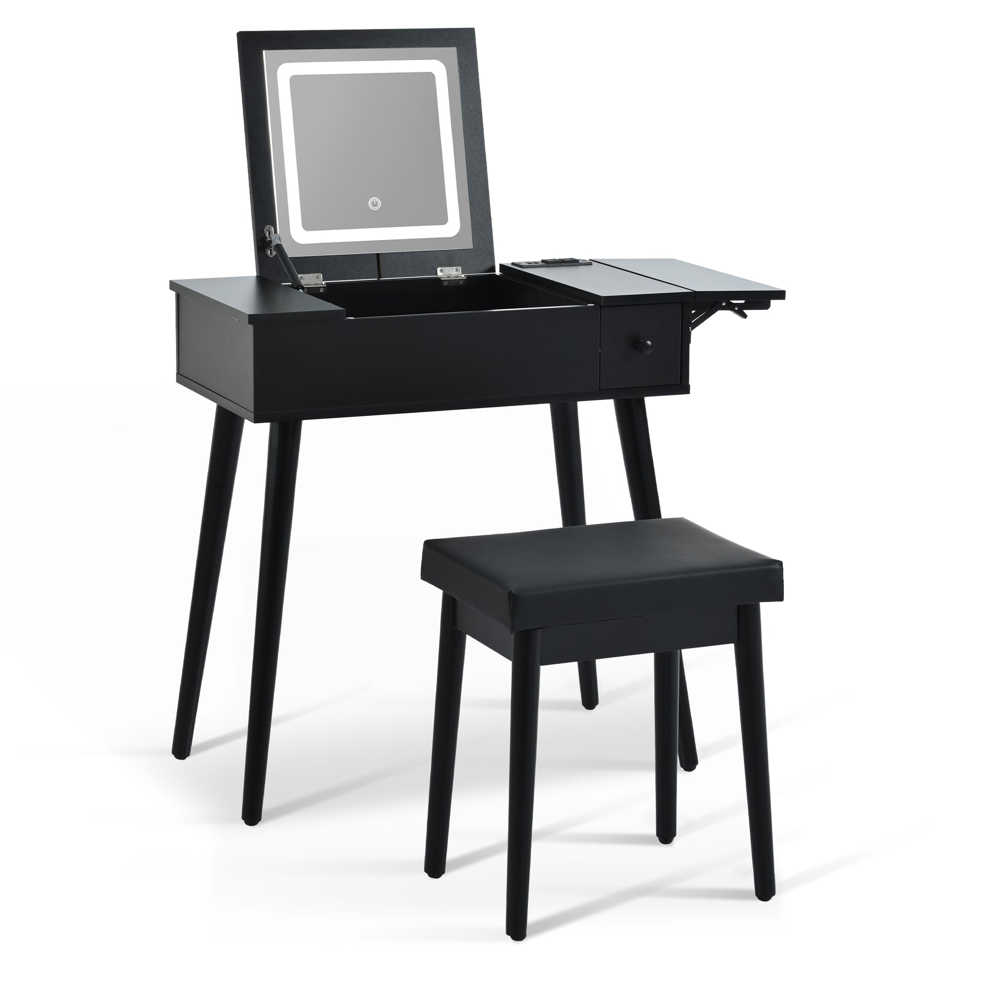 27.9'' Black Makeup Vanity Desk With Flip Top Mirror And Led Light, Dressing Table With Charging Station, 2 Drawers And Fold Up Panel, Vanity Set With Cushioned Stool For Bedroom Black