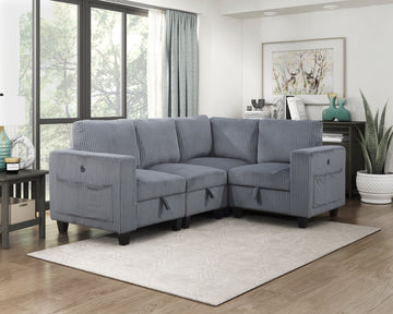 4 Piece Modular Sectional With Storage Seats, Side Pockets, Charging Ports Dark Gray Corduroy Fabric Modern Living Room Sectional Couch Solid Wood Furniture Dark Gray Polyester Wood Primary Living Space Modern Solid Wood 4 Seat