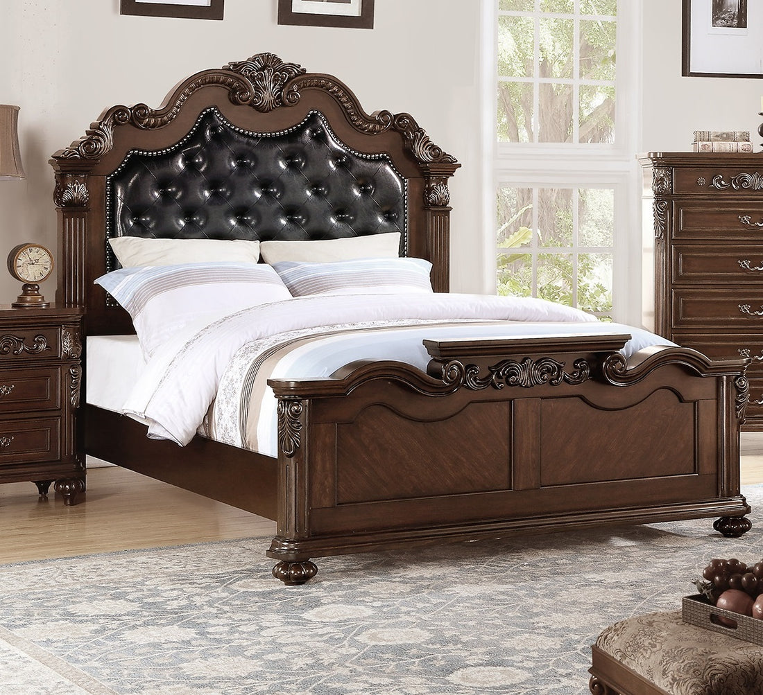 Gorgeous Traditional Antique Cherry 1Pc Eastern King Size Bed Tufted Faux Leather Headboard Wooden Bedframe Box Spring Required King Cherry,Walnut Wood Bedroom Classic,Luxury,Traditional Pine Bed