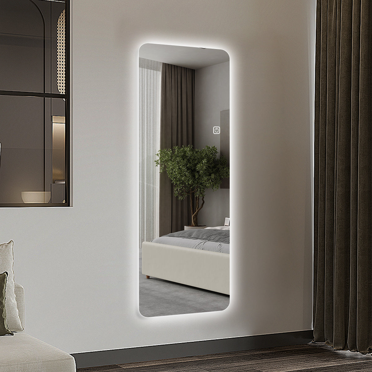 65X22Inch Full Body Mirror With Lights Full Length Mirror Wall Hanging Type Suitable For Bedrooms, Dimming And 3 Color Lighting Silver Modern Glass
