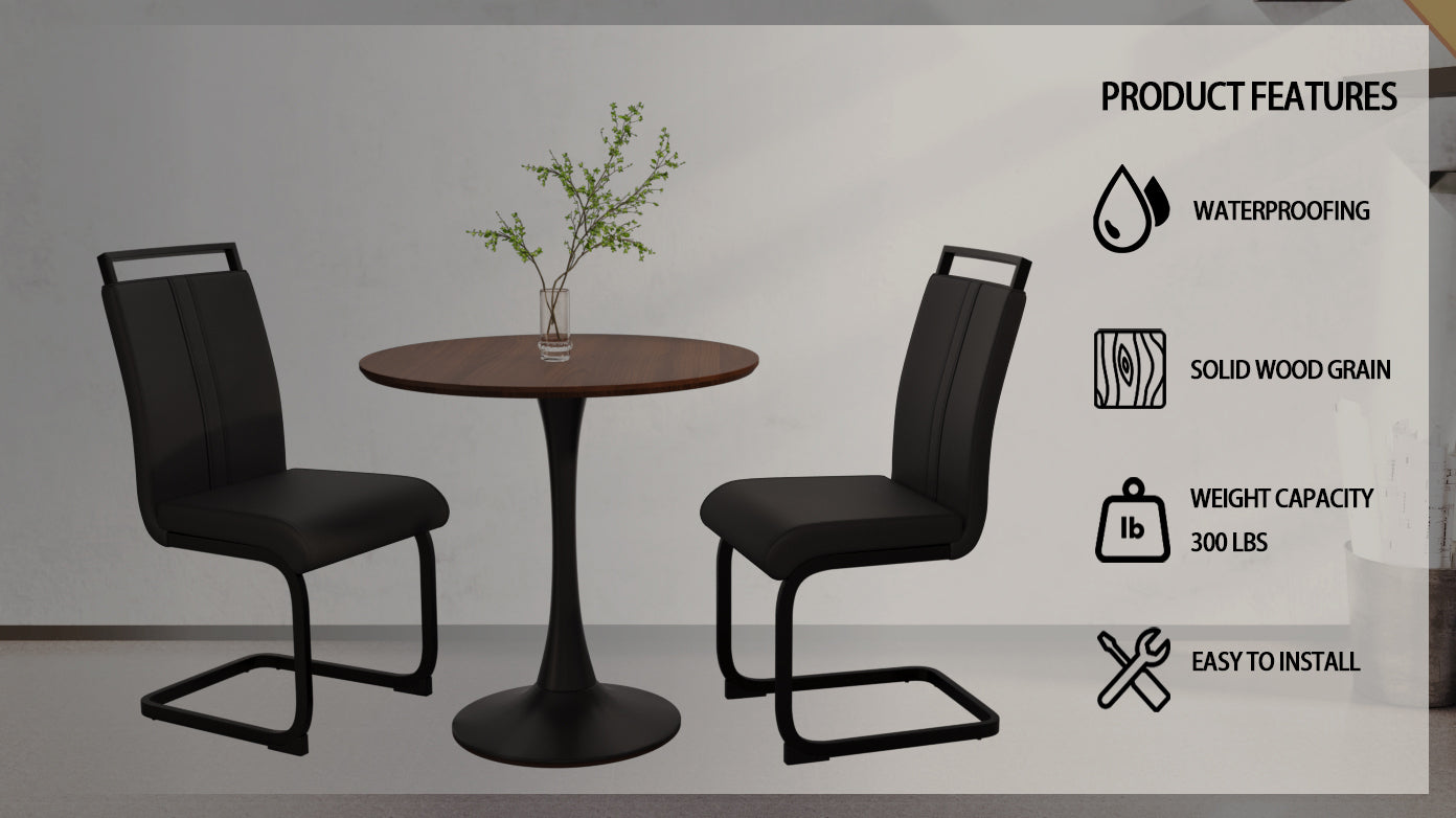 Walnut Circular Dining Table, 31.5 "Tulip Dining Table, Kitchen Dining Table For 2 4 People, Mdf Tabletop And Base, And 2 Black Pu Black Metal Leg Dining Chairs Set 2 Walnut Mdf