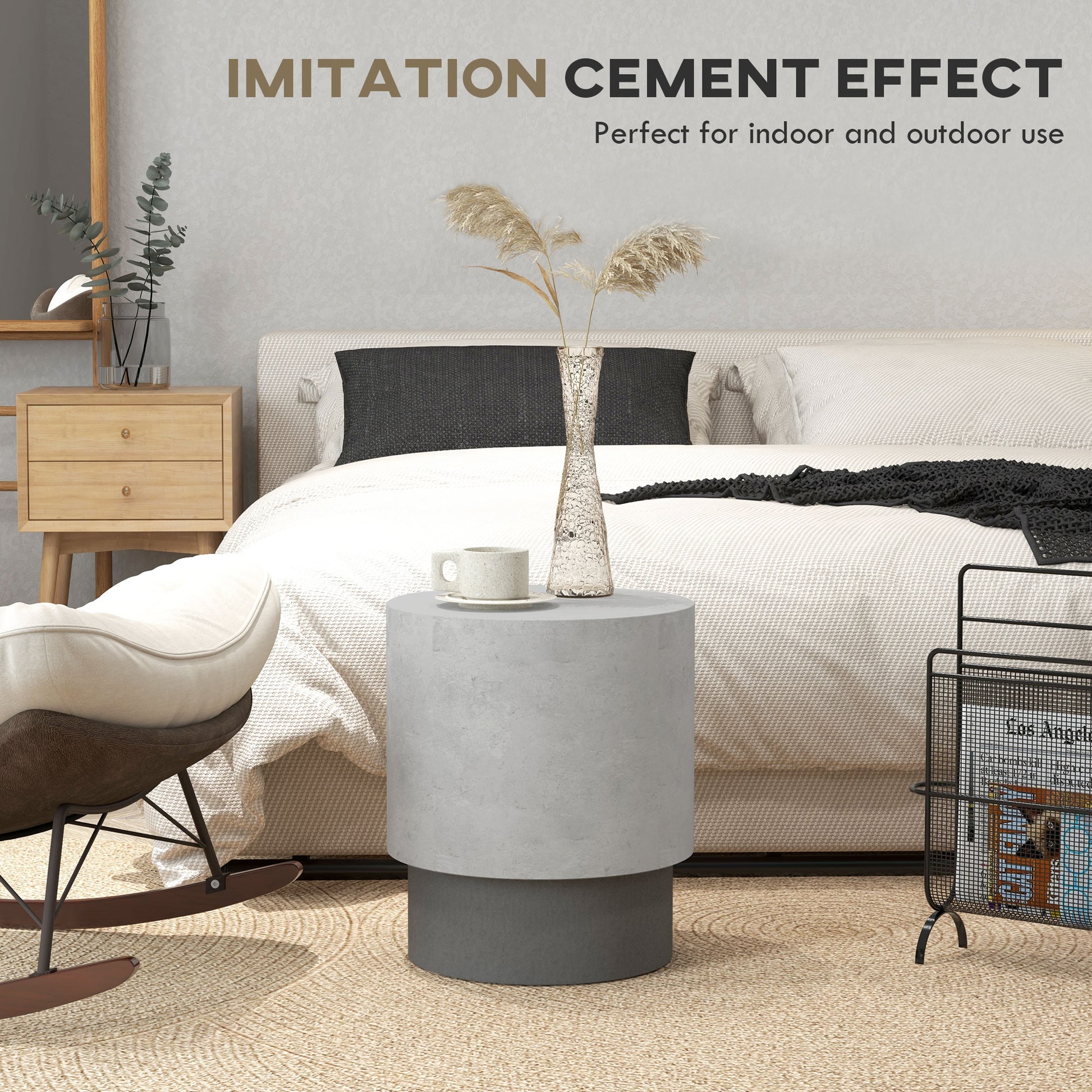 Homcom Concrete Finish End Table, Round Side Table With 4 Adjustable Feet, Lightweight For Indoor, Outdoor, Gray Grey Wood