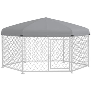 Pawhut 6.9' X 6.1' X 4.9' Dog Kennel Outdoor Dog Run With Waterproof, Uv Resistant Roof, Lockable Door, For Medium And Large Sized Dogs, Silver Silver Steel