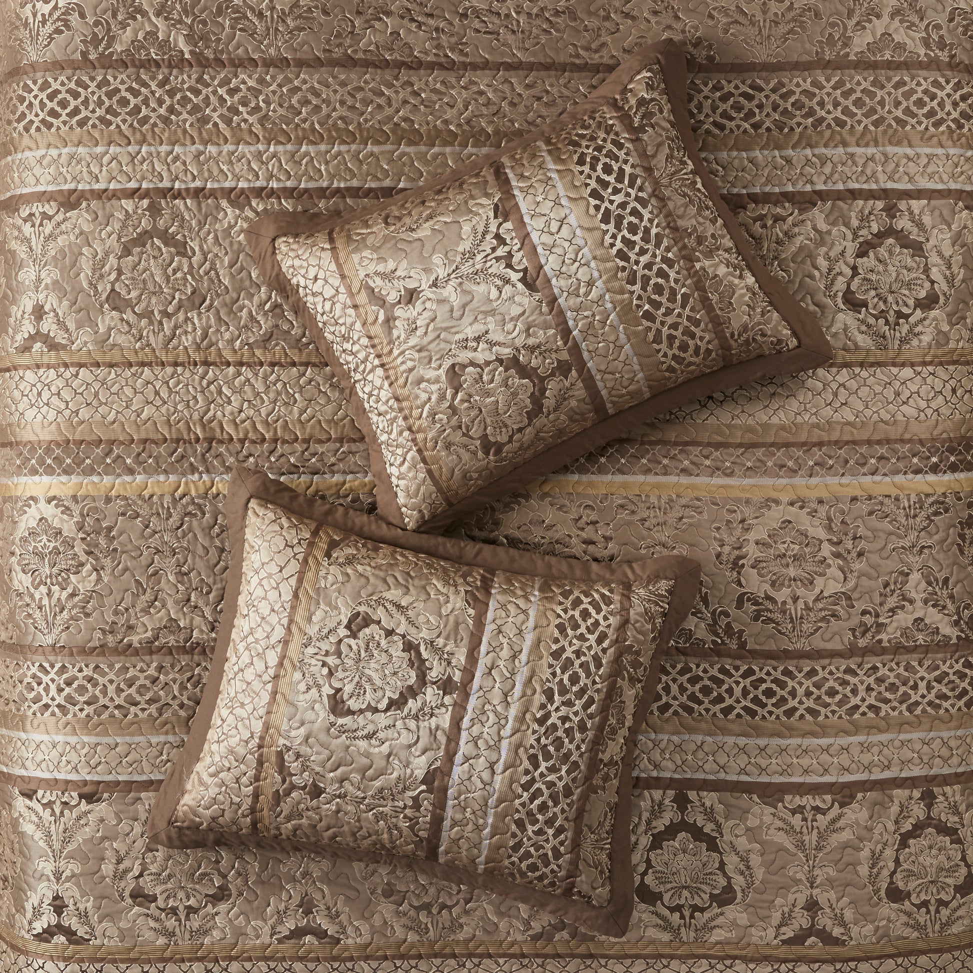 5 Piece Reversible Jacquard Bedspread Set Brown Gold King King Brown Gold Microfiber