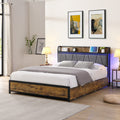 King Size Bed Frame, Storage Headboard With Charging Station And 4 Storage Drawers,Led Lightsbrown And And Gray Black Brown Grey Mdf Metal