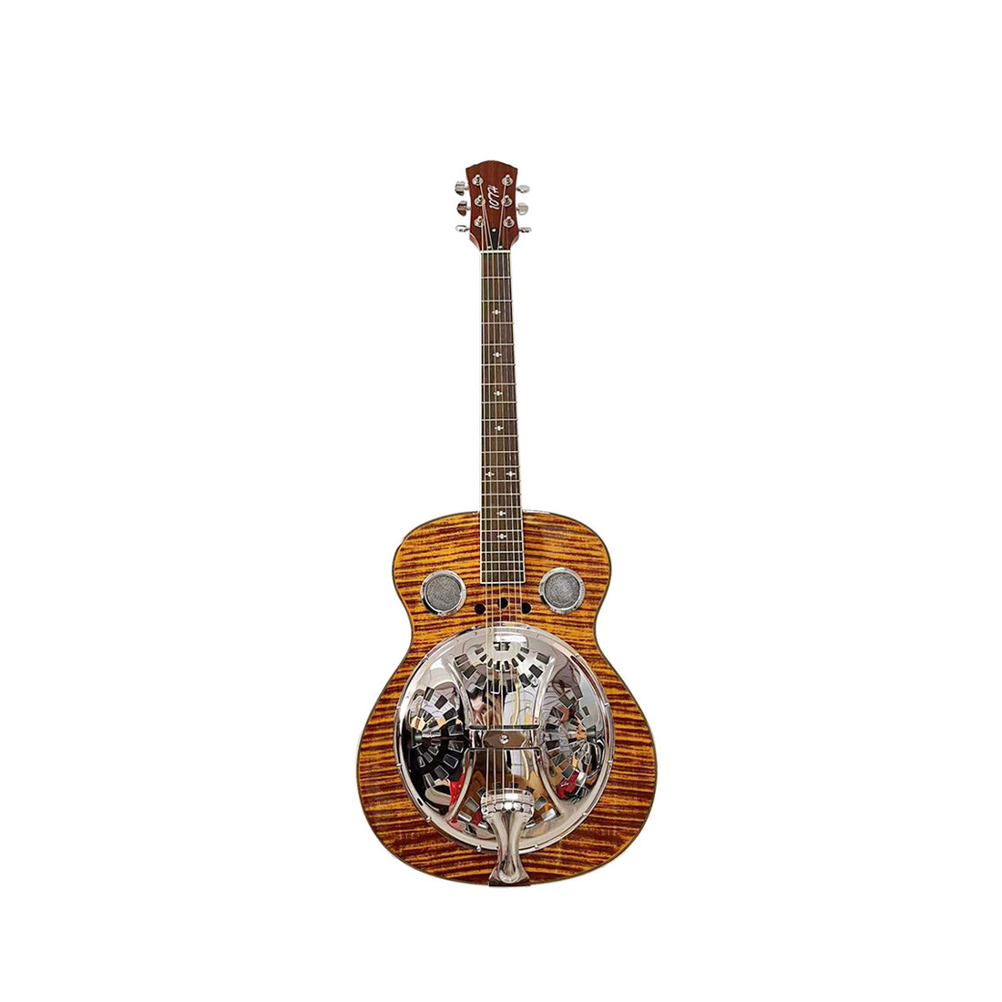 Beginner Metal Resonator Guitar, Full Size Circular Neck Traditional Resonator, Built In Preamplifier Tiger Wood