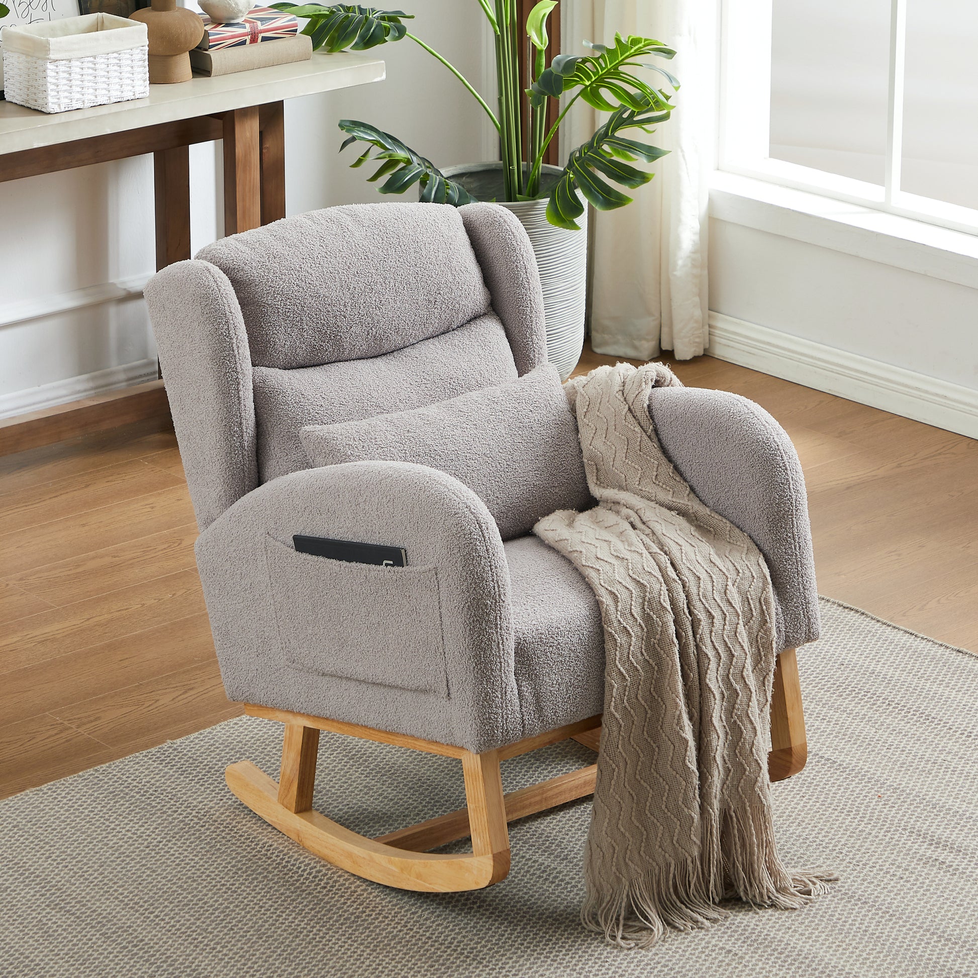 27.2"W Modern Accent High Backrest Living Room Lounge Arm Rocking Chair, Two Side Pocket Grey Foam Fabric
