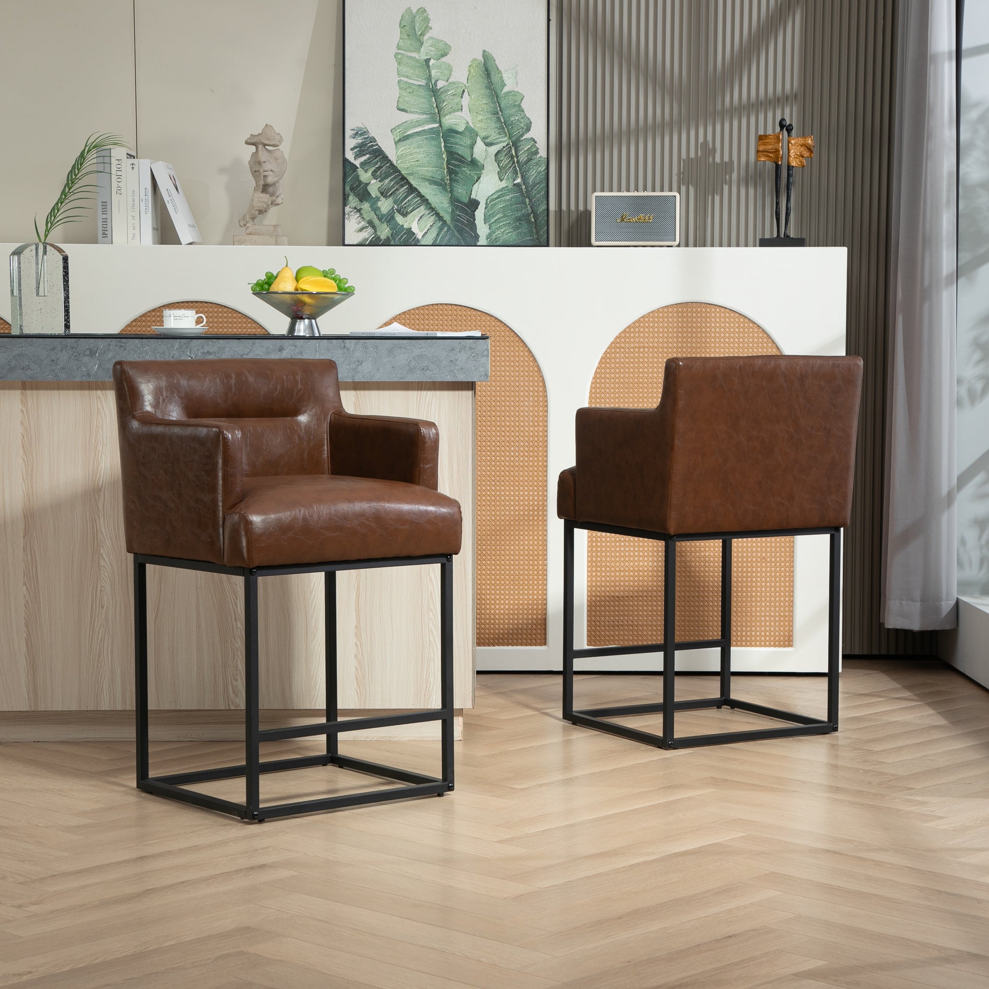 Coolmore Counter Height Bar Stools Set Of 2, Modern Square Bar Stool With Back, Black Metal Frames, Upholstered Bar Stools For Kitchen Island, Pub, Club Brown Pu Brown Pu Primary Living Space Foam Pu
