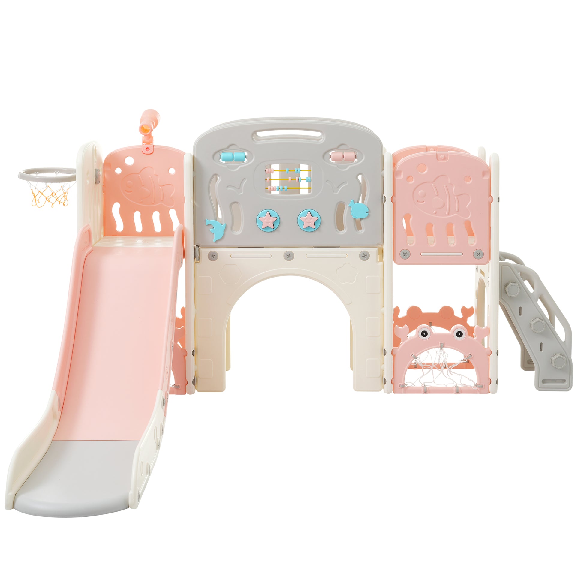 11 In 1 Toddler Slide, Kids Slide For Toddler Age 1 3 With Basketball Hoop, Kids Slide Playset Structure,Arch Tunnel And Telescope, Toy Storage Organizer For Toddlers, Kids Climbers Playground Pink Cute 1 To 2 Years Hdpe Indoor & Outdoor Use