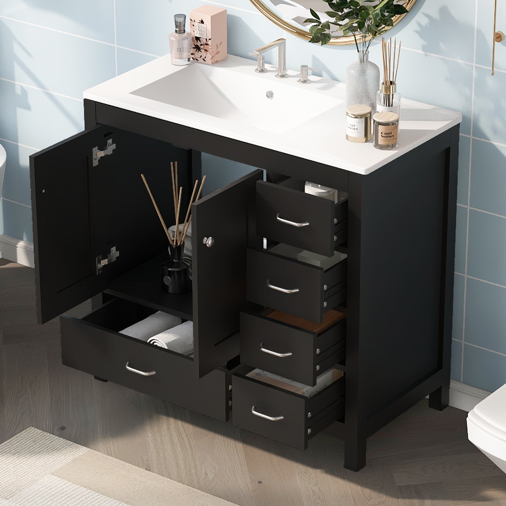 36" Black Bathroom Vanity With Ceramic Sink Combo, Abundant Storage Cabinet 2 Soft Close Doors And 5 Drawers Black Bathroom Solid Wood Mdf