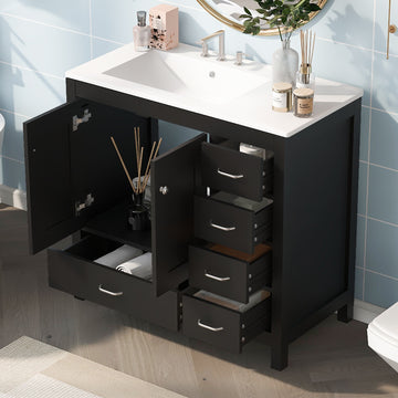 36" Black Bathroom Vanity With Ceramic Sink Combo, Abundant Storage Cabinet 2 Soft Close Doors And 5 Drawers Black Bathroom Solid Wood Mdf