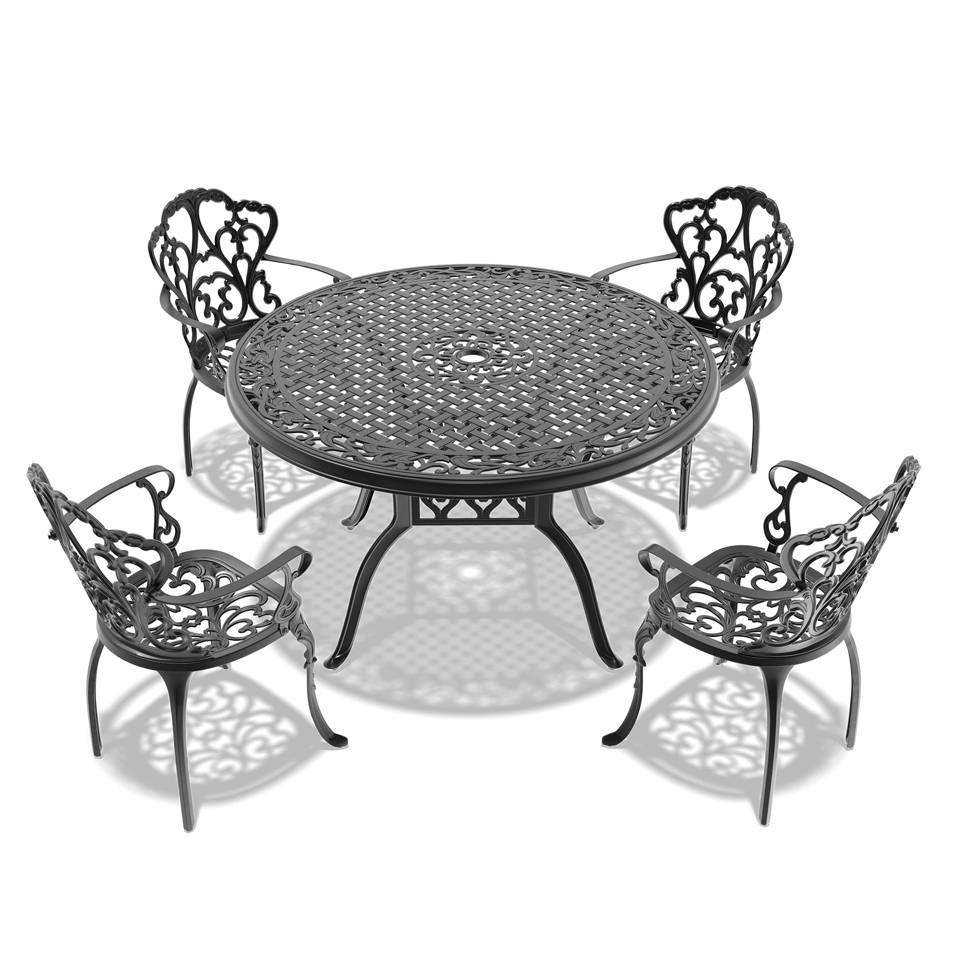 Cushions In Random Colors 5 Piece Set Of Cast Aluminum Patio Furniture With Cushions Yes Dining Set Black Seats 4 Rust Resistant Frame Water Resistant Cushion Garden & Outdoor Complete Patio Sets Aluminium