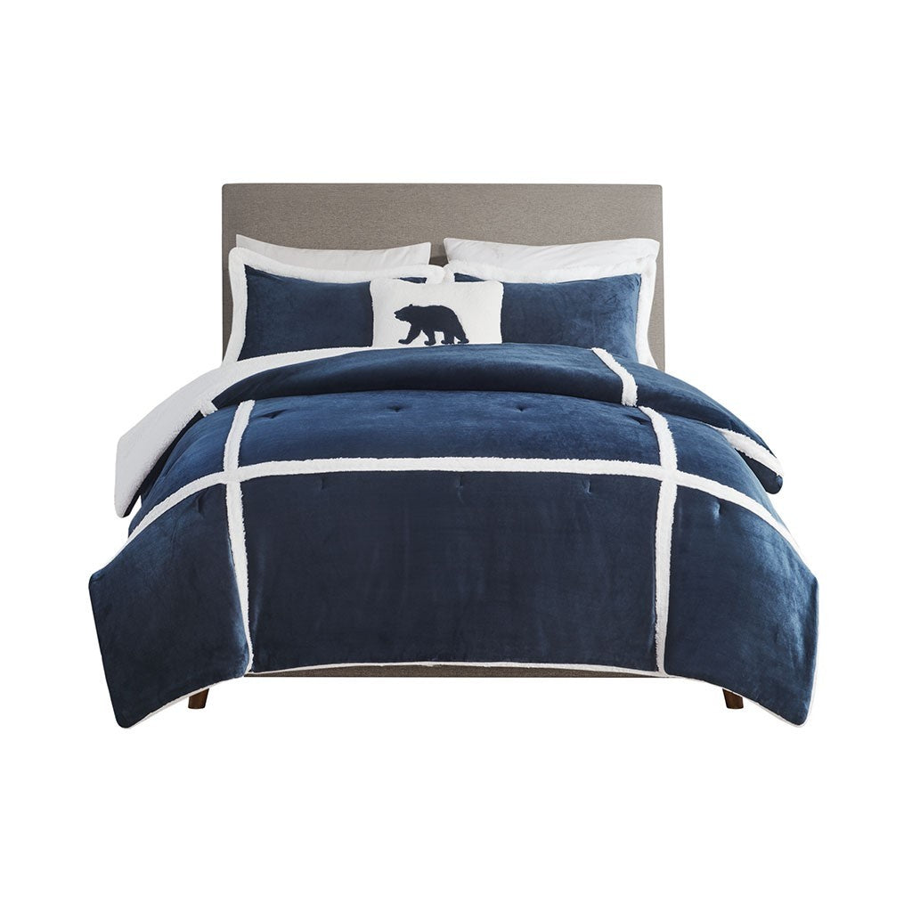 Plush To Sherpa Comforter Set Queen Navy Polyester