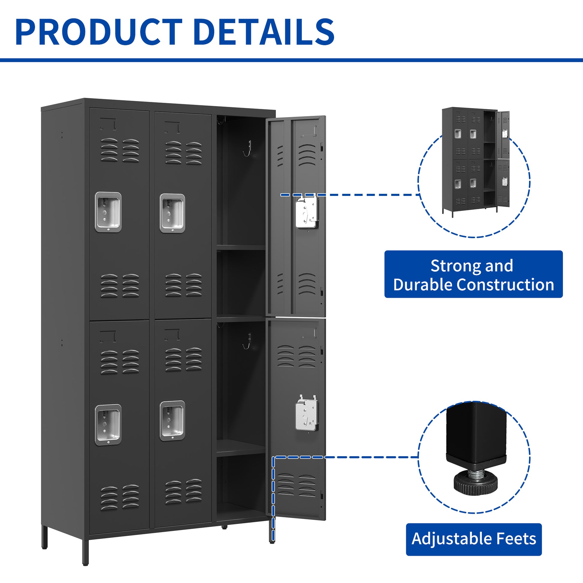 6 Door 72"H Metal Lockers With Lock For Employees,Storage Locker Cabinet For Home Gym Office School Garage,Black 5 Or More Spaces Black Primary Living Space Modern Metal