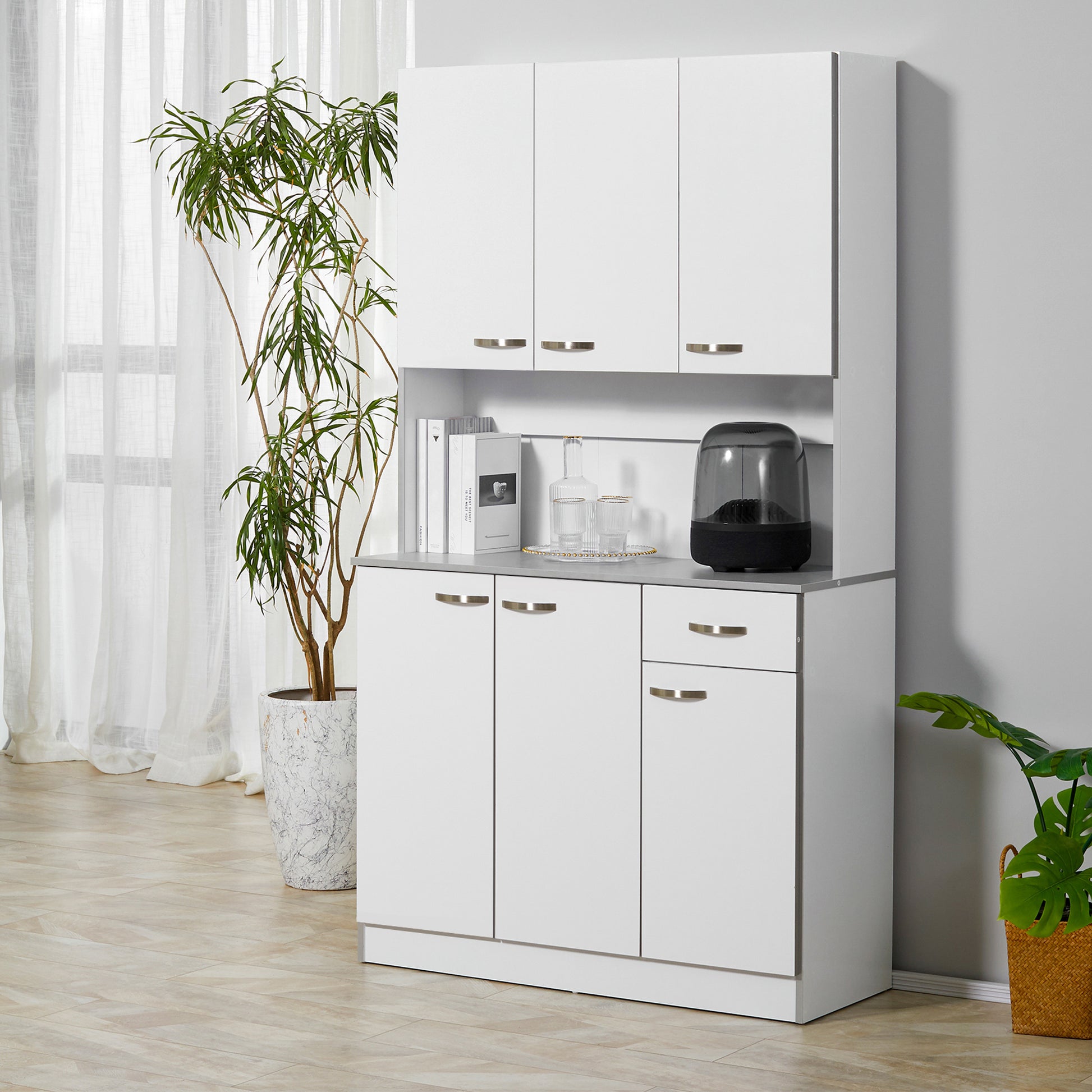 Homcom 71" Modern Freestanding Kitchen Buffet Hutch With Server And Storage White Particle Board