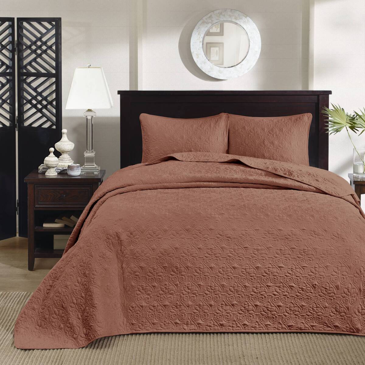 3 Piece Reversible Quilt Set Clay Red King Cal King Red Polyester