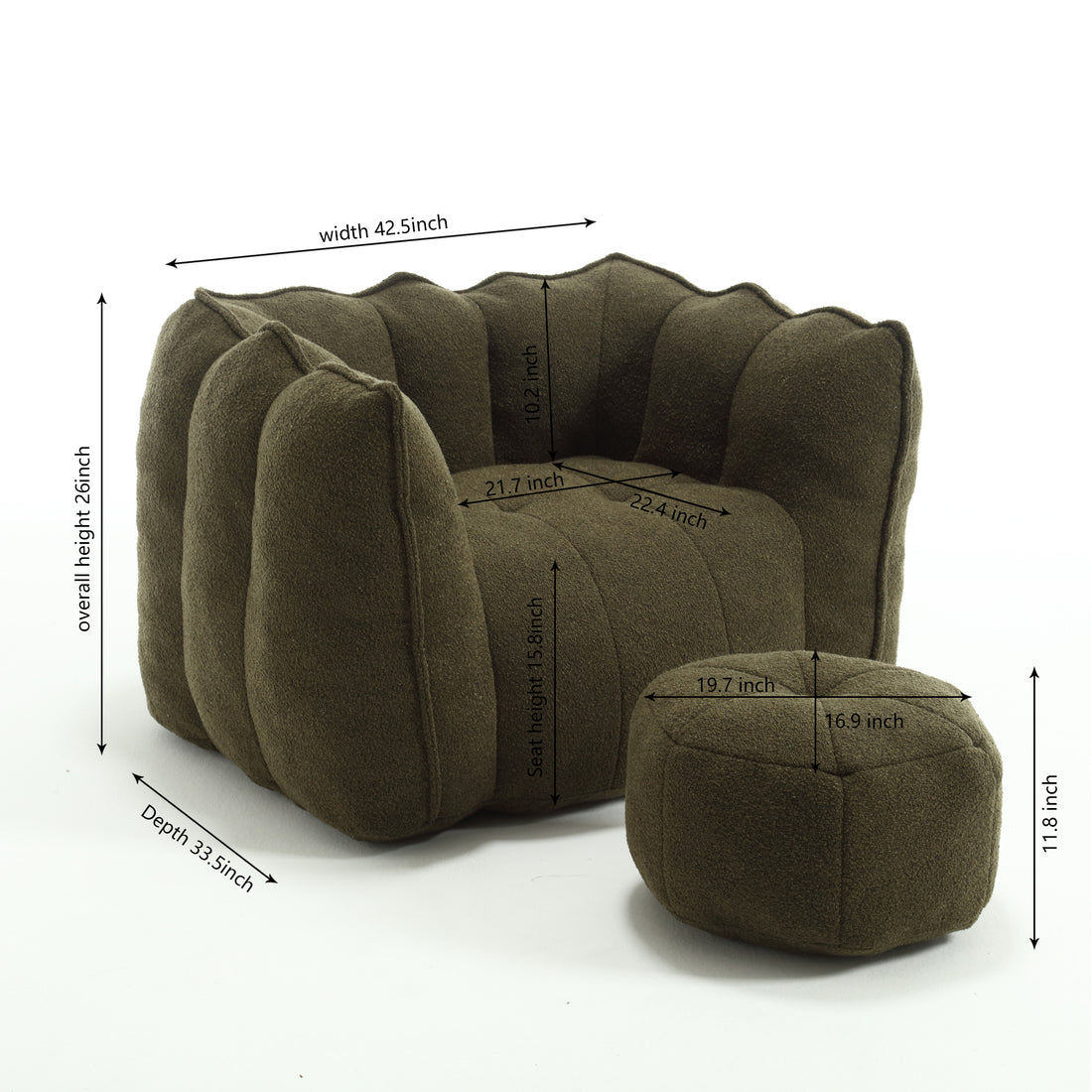 Soft Bean Bag Chair With High Resilient Foam Chips For Living Room And Bedroom,Comfortable Square Lazy Sofa With Footstool, Cover For Adults To Gaming, Reading, And Watching Tv Olive Green Chenille