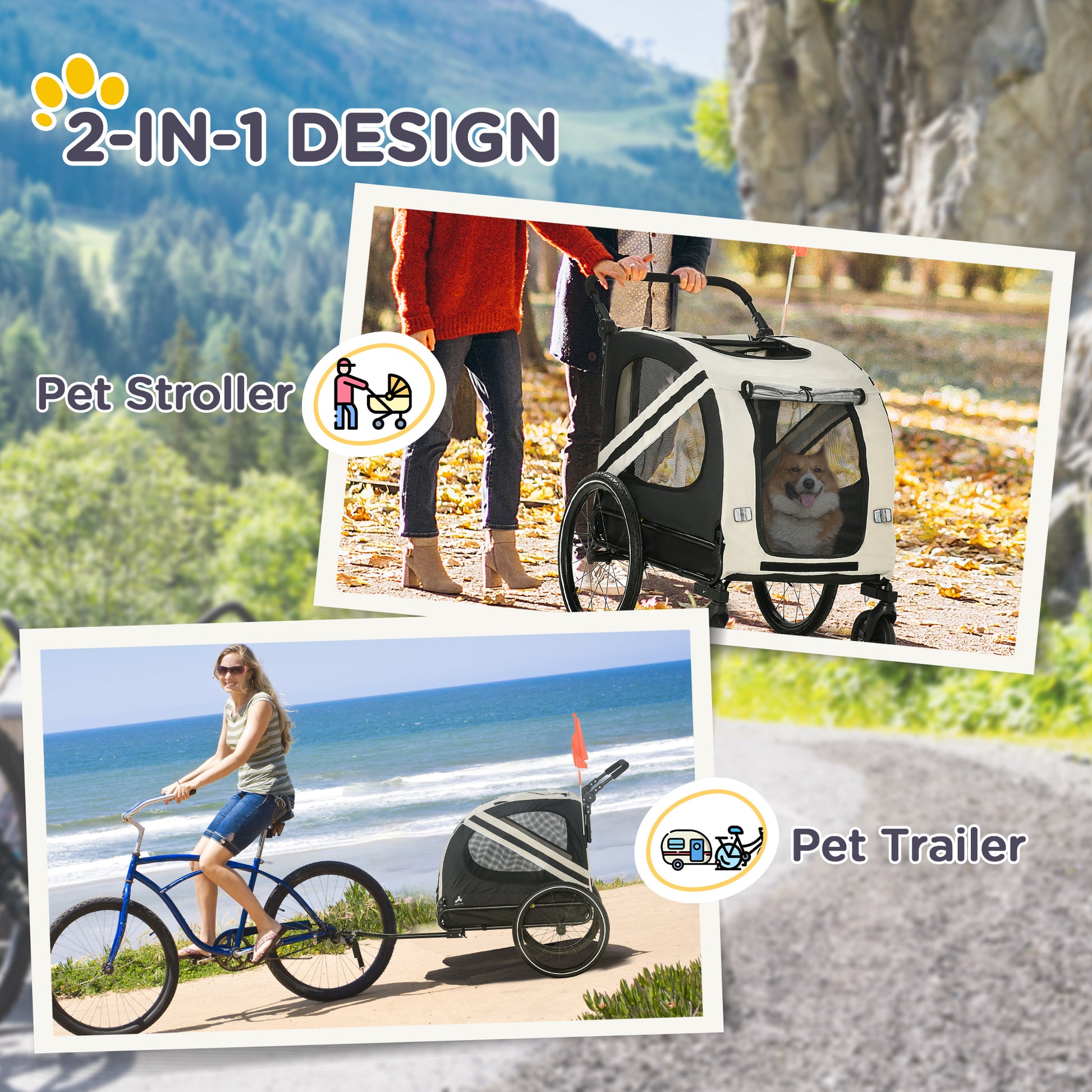 Aosom 2 In 1 Pet Bike Trailer For Small Dogs, Road Visibility Bicycle Stroller, Weather Strong Bike Wagon Trailer Sidecar Attachment, White White Steel