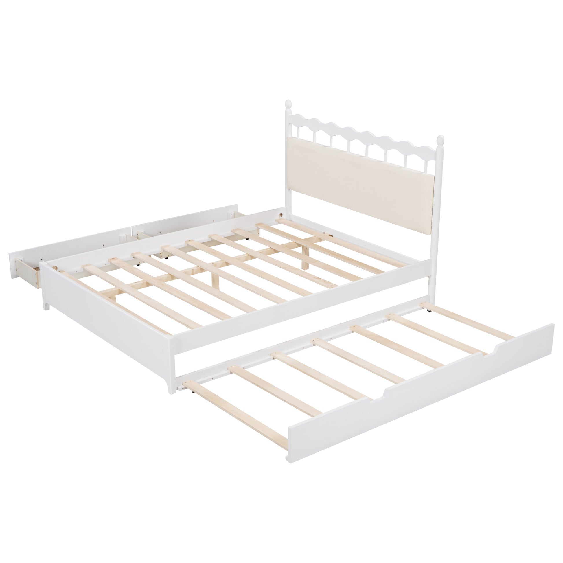Queen Size Wooden Storage Platform Bed, With 2 Big Drawers, T Size Trundle, White Queen White Plywood