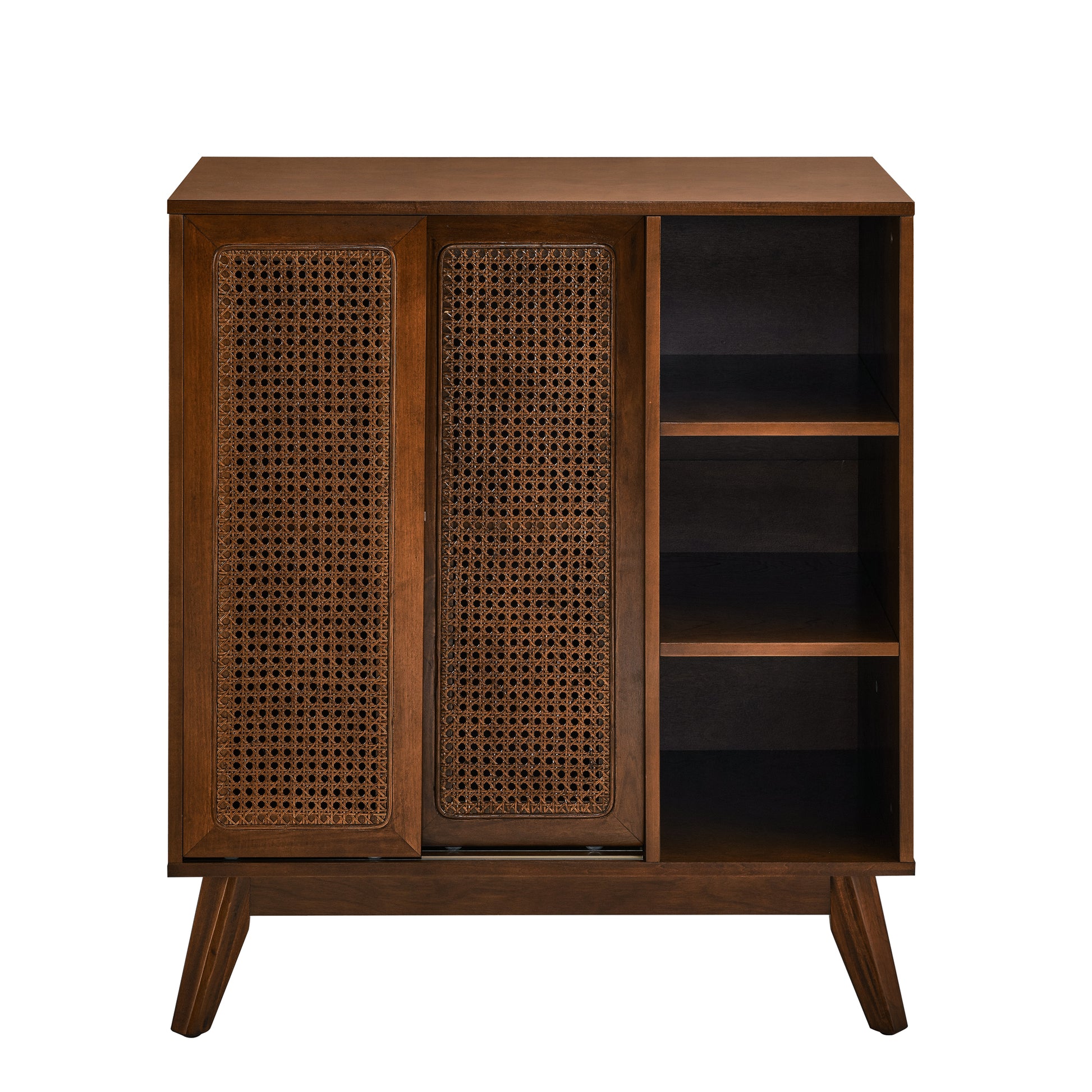 Mid Century Modern Rattan Sideboard Cabinet, Buffet Cabinet For Entryway Hallway Living Room Kitchen Dining Room Bedroom, Adjustable Shelf & Solid Wood Feet & Rattan Cabinet Doors Dark Wood Walnut