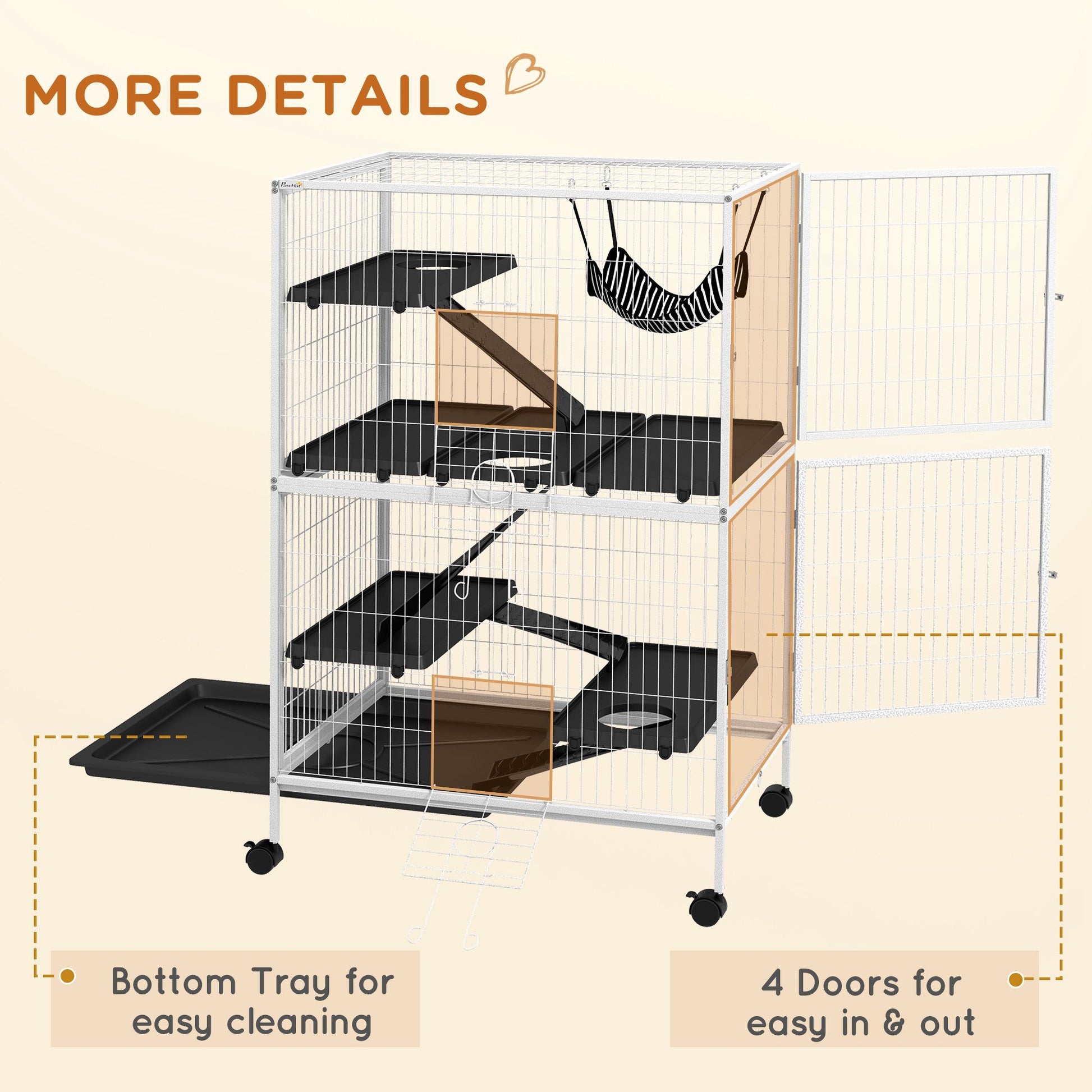 Pawhut 50" H 5 Tier Small Animal Cage, Ferret Cage, Large Chinchilla Cage With Hammock Accessory Heavy Duty Steel Wire, Small Animal Habitat With 4 Doors, Removable Tray, White White Steel