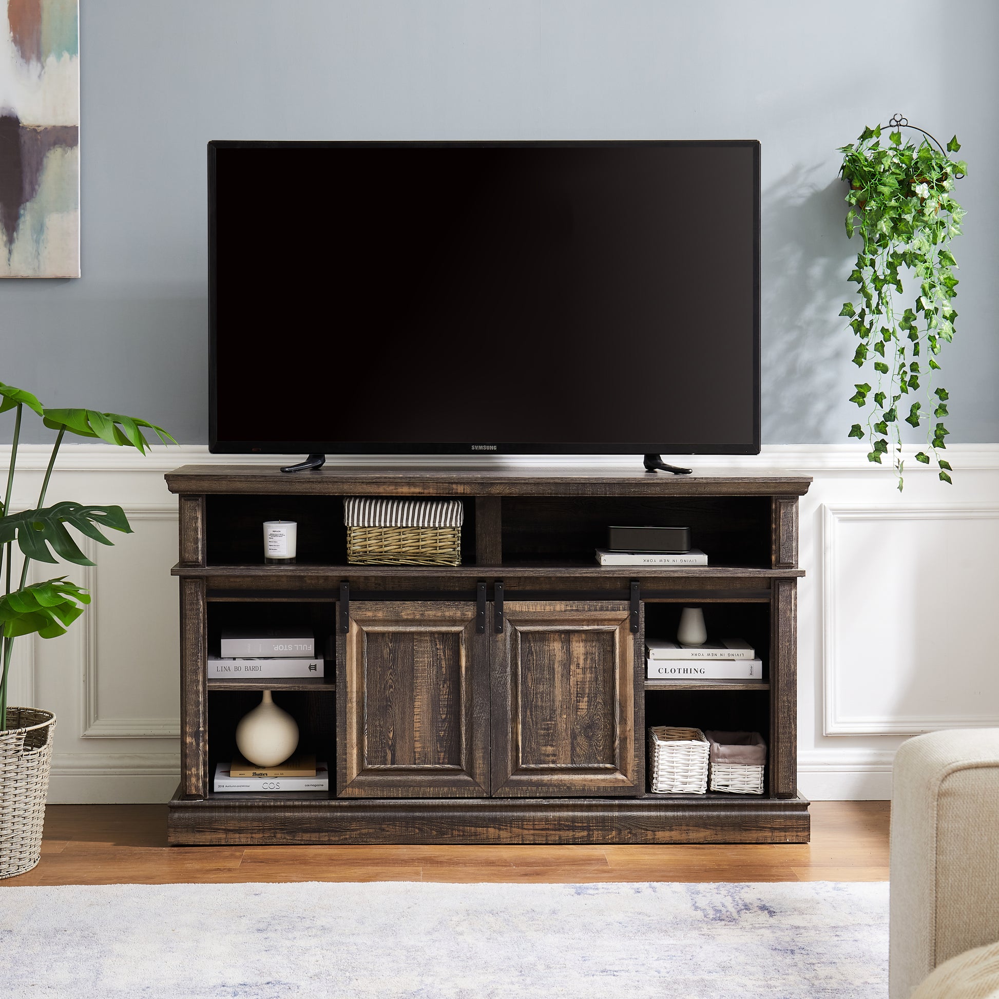 Media Console Table With Storage Cabinet, Mid Century Style Entertainment Tv Table, Multipurpose Sliding Door Tv Cabinet Large Storage Space, 58.11"W*15.79"D*32.36"H Antique Brown Antique Brown Primary Living Space 60 69 Inches 60 69 Inches 60 Inches Mdf