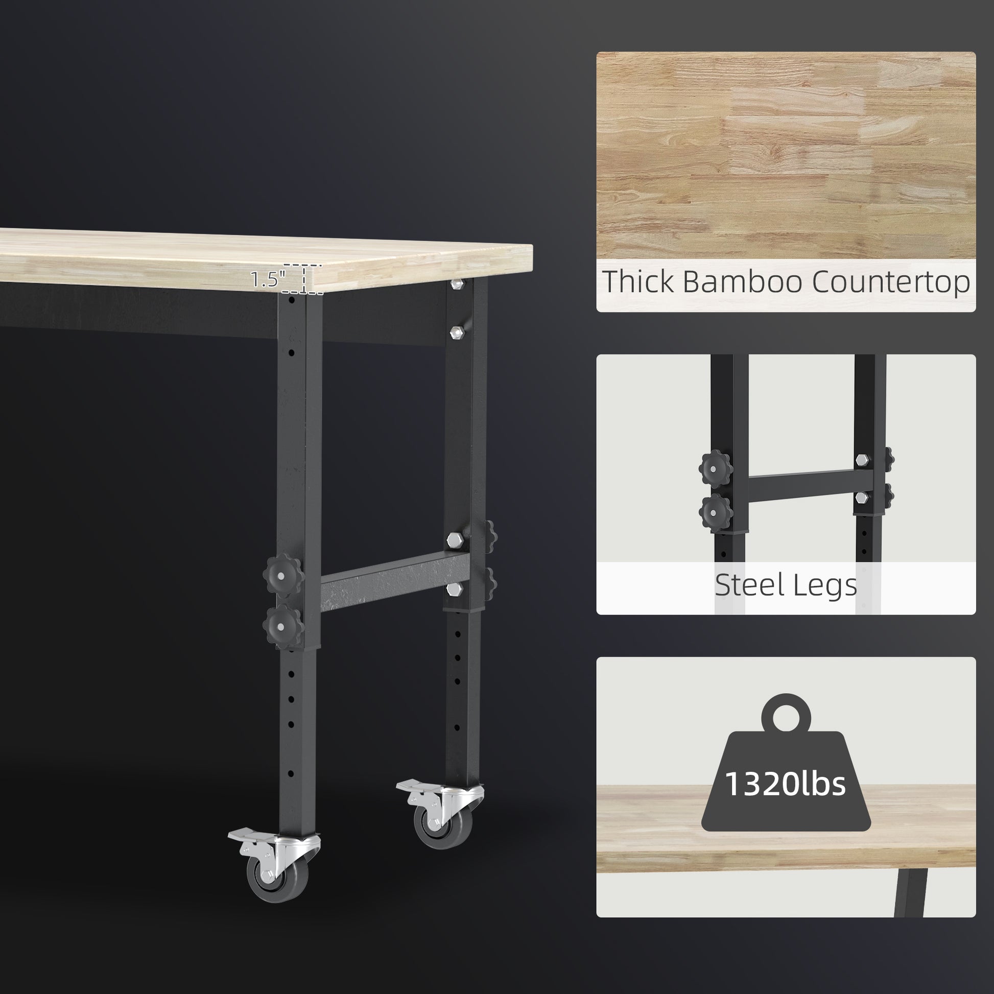 Homcom 47.25" Work Bench With Height Adjustable Legs, Bamboo Tabletop Workstation Tool Table On Wheels For Garage, Weight Capacity 1320 Lbs, Black Natural Natural Wood Bamboo