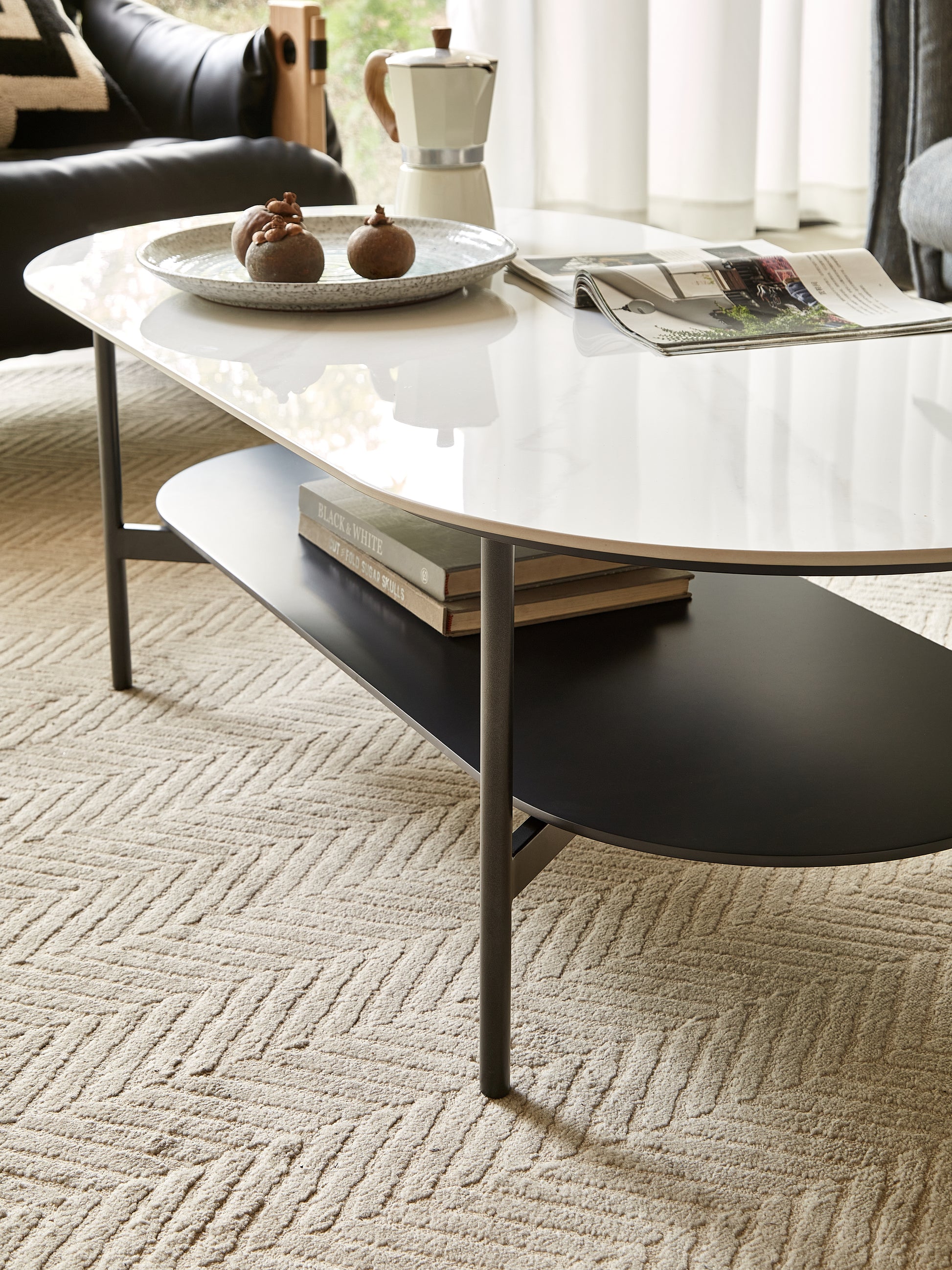 Coffee Table Ceramic Coffee Table, Mdf Painting Double Layer Coffee Table For Living Room, White Ceramic And Coffee Brown Bottom Shelf Black White Ceramic Mdf