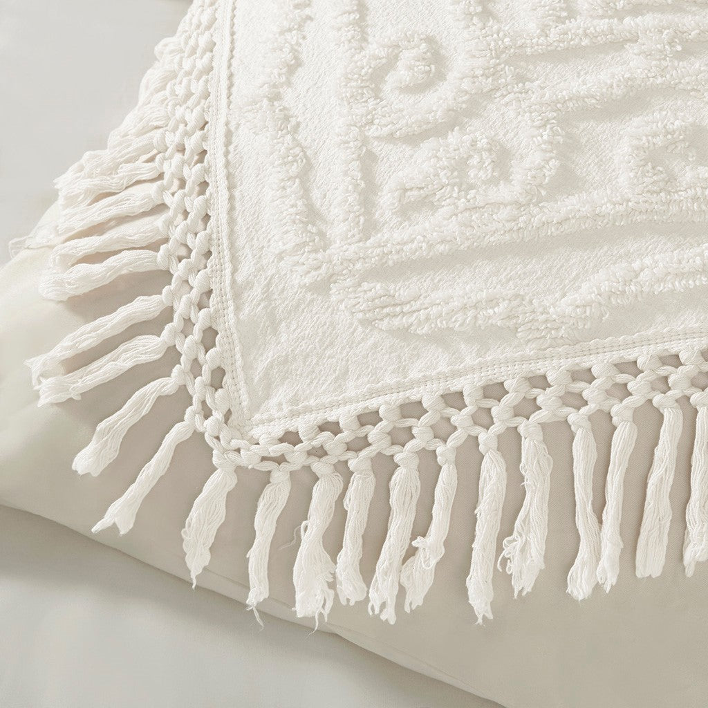 Tufted Cotton Chenille Medallion Fringe Coverlet Mini Set Off White Twin Twin Xl Twin Off White Cotton