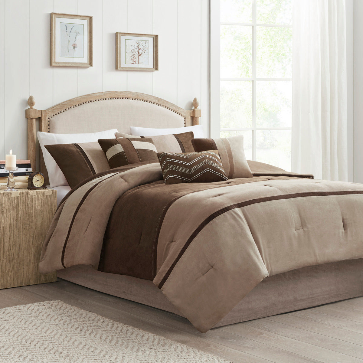7 Piece Faux Suede Comforter Set Brown Cal King California King Brown Polyester