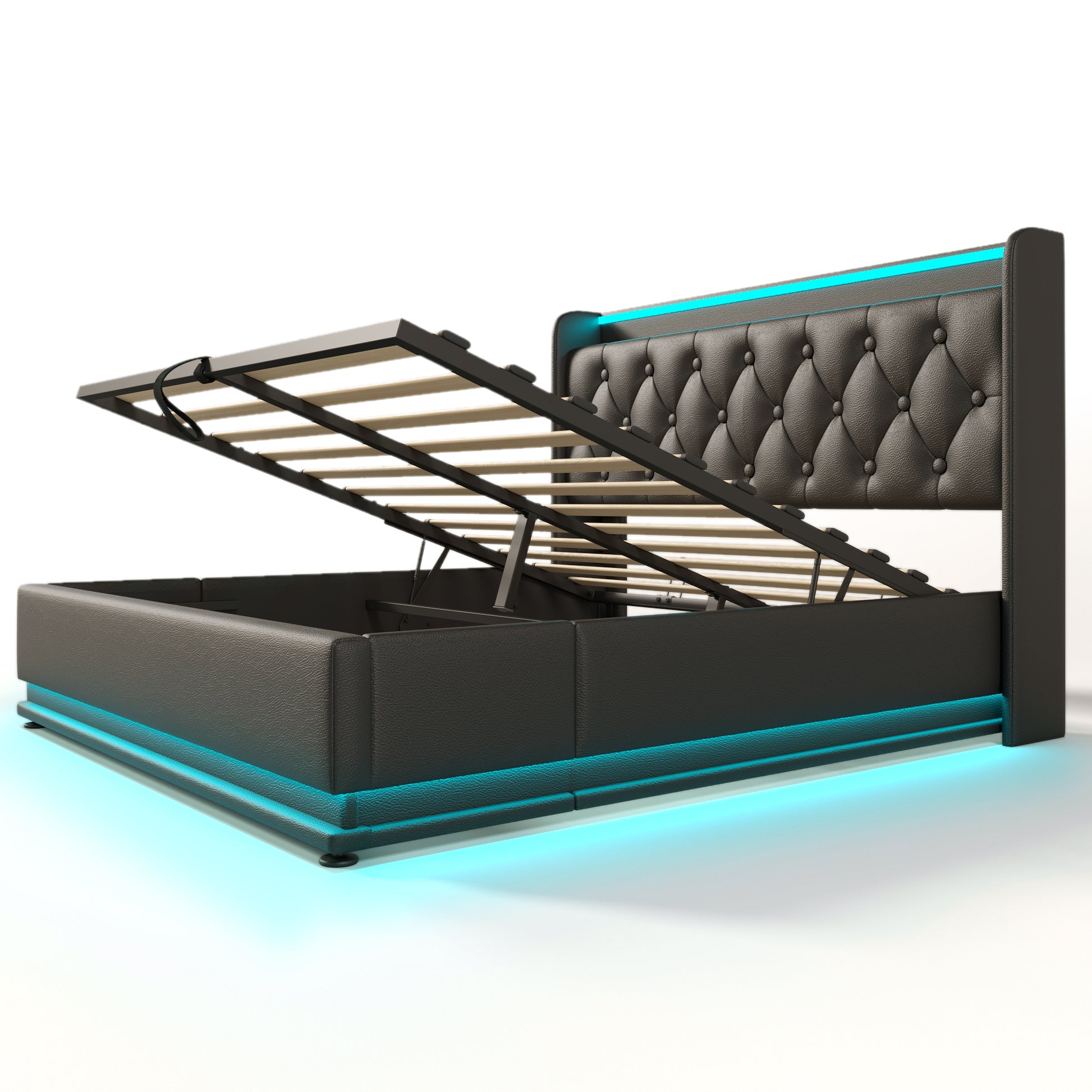 Full Size Upholstered Bed, 360 Surround Led Function, Buttons Apps Remote Control, Hydraulic Storage Bed With Usb Type C Charging, Black,Pu Without Mattress Full Black Pu