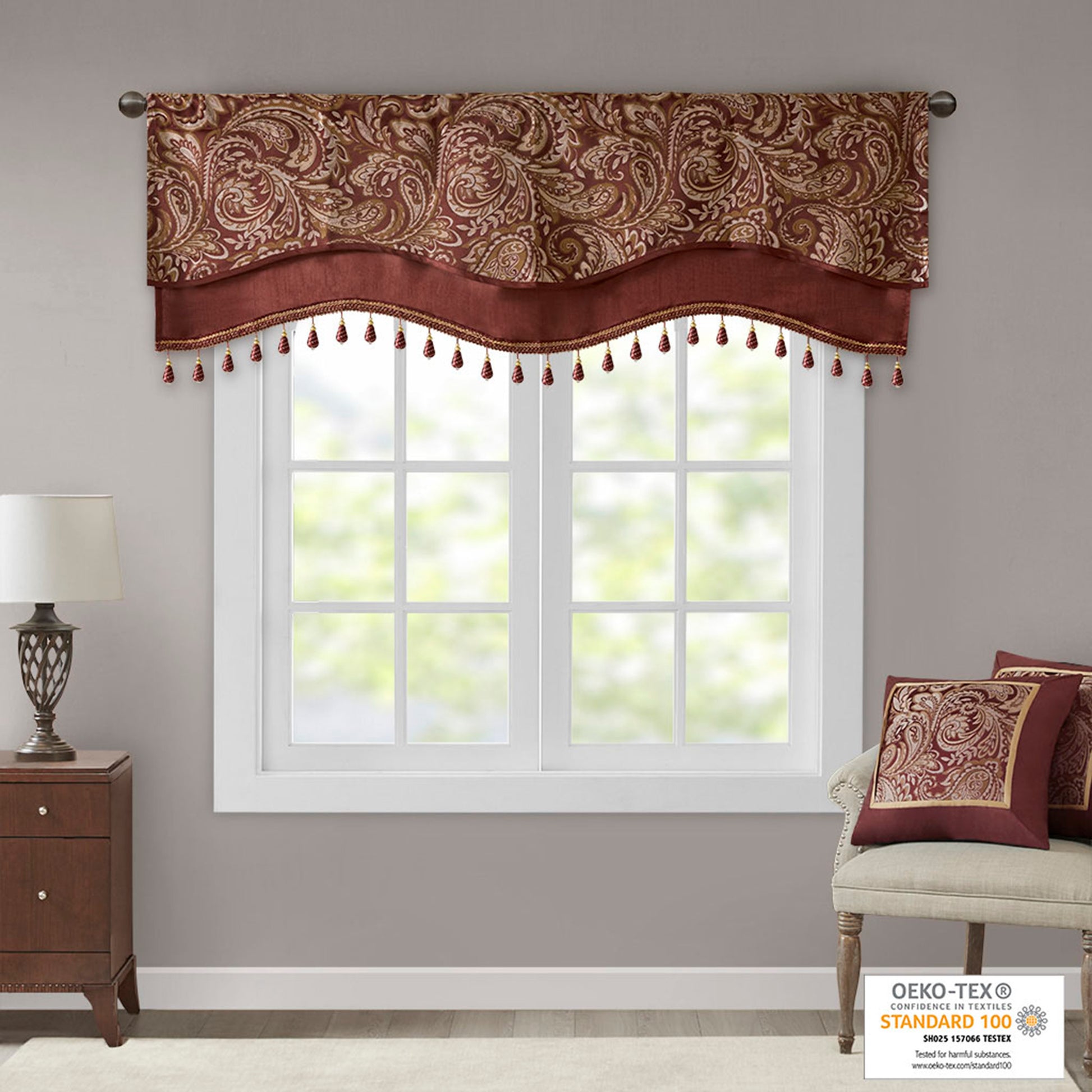 Jacquard Window Rod Pocket Valance With Beads Burdy 50X18" Burgundy Polyester