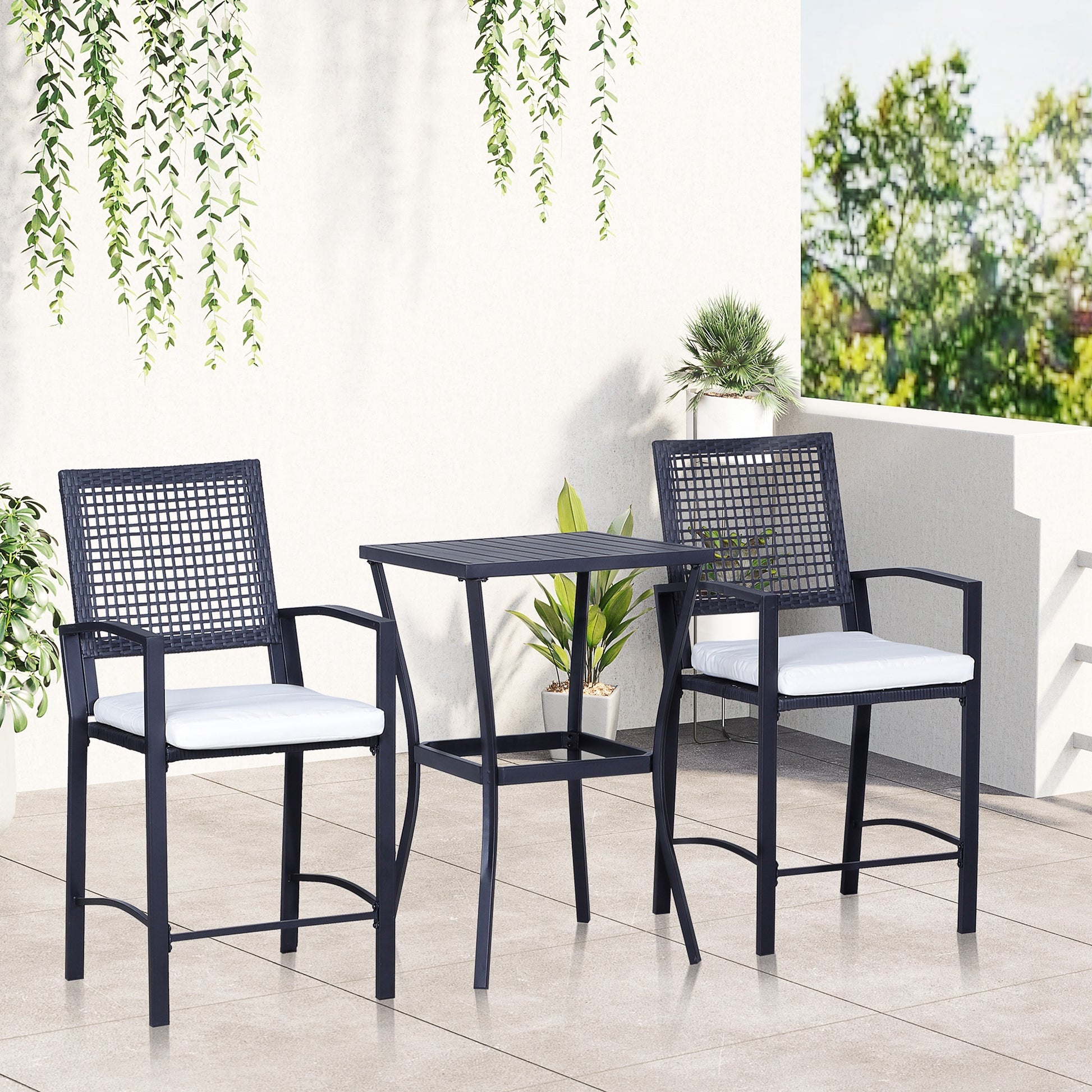 Outsunny 3Pcs Patio Bar Set With Soft Cushion, Rattan Wicker Outdoor Furniture Set For Backyards, Lawn, Deck, Poolside Black Steel