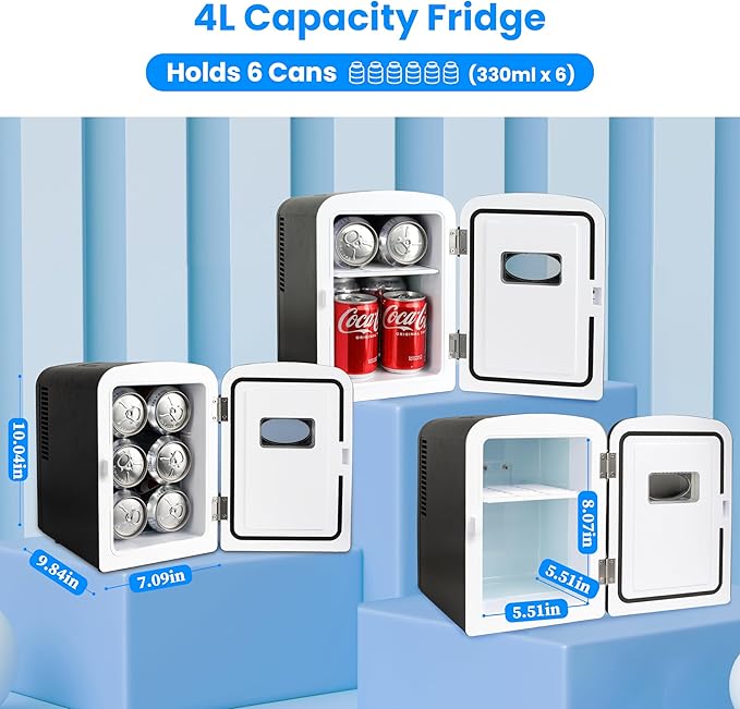 4L Portable Mini Fridge Warmer And Cooler Six 12Oz Cans Compact Refrigerator, 100% Freon Free & Eco Friendly, 4 L, Black Black Plastic