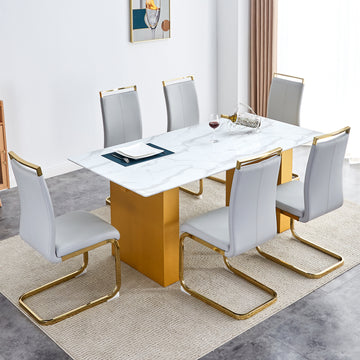Table And Chair Set.Large Modern Rectangular Table With 0.4 Inch Patterned Glass Tabletop And Large Mdf Table Legs.Comes With 6 Chairs With Faux Leather Cushioned Seats And Golden Metal Legs. Gold White Seats 6 Mdf Glass