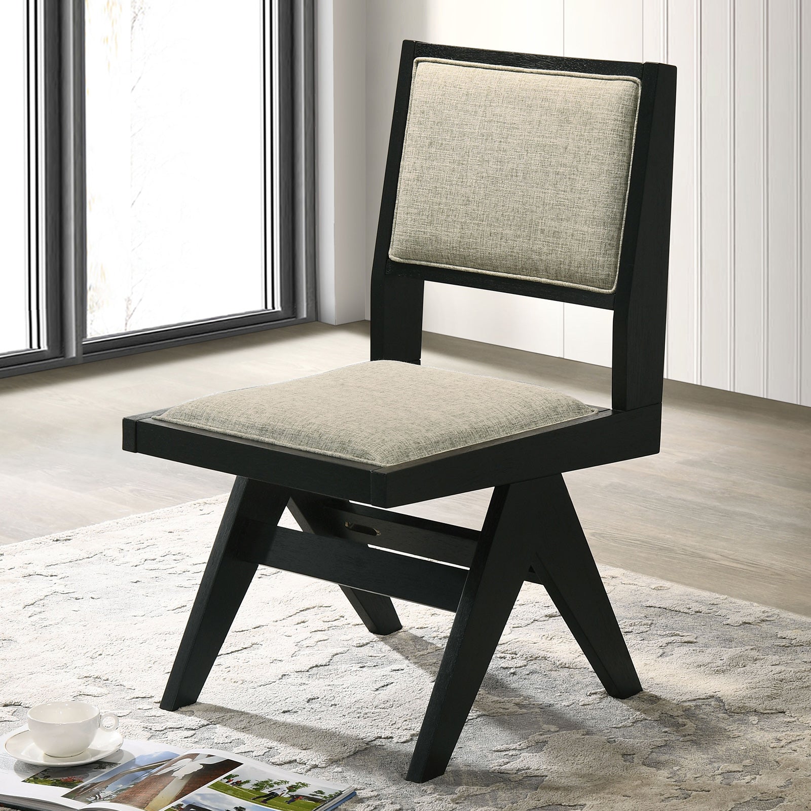 Contemporary Black Color 2Pc Dining Side Chairs Light Gray Fabric Upholstered Chairs Arms Dining Room Rubberwood Black Dining Room Contemporary Dining Chairs Rubberwood Solid Back Set Of 2