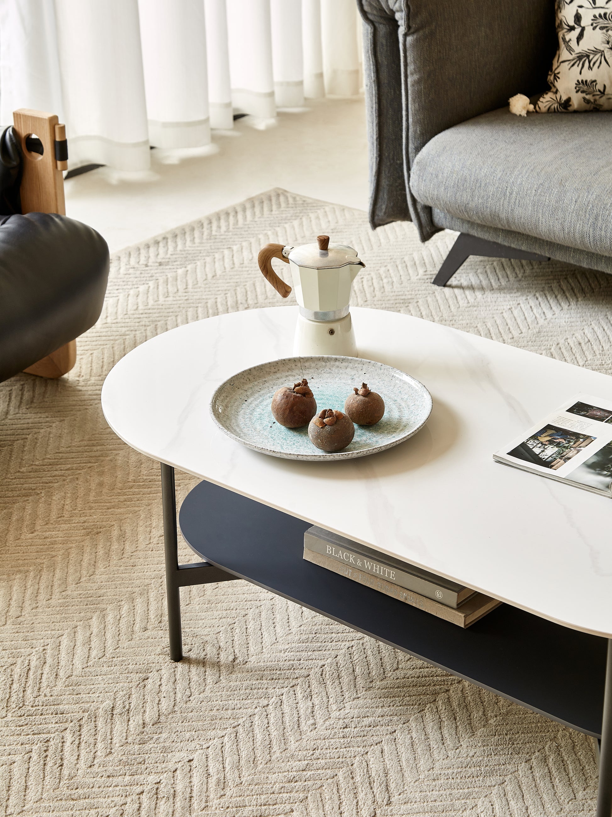 Coffee Table Ceramic Coffee Table, Mdf Painting Double Layer Coffee Table For Living Room, White Ceramic And Coffee Brown Bottom Shelf Black White Ceramic Mdf