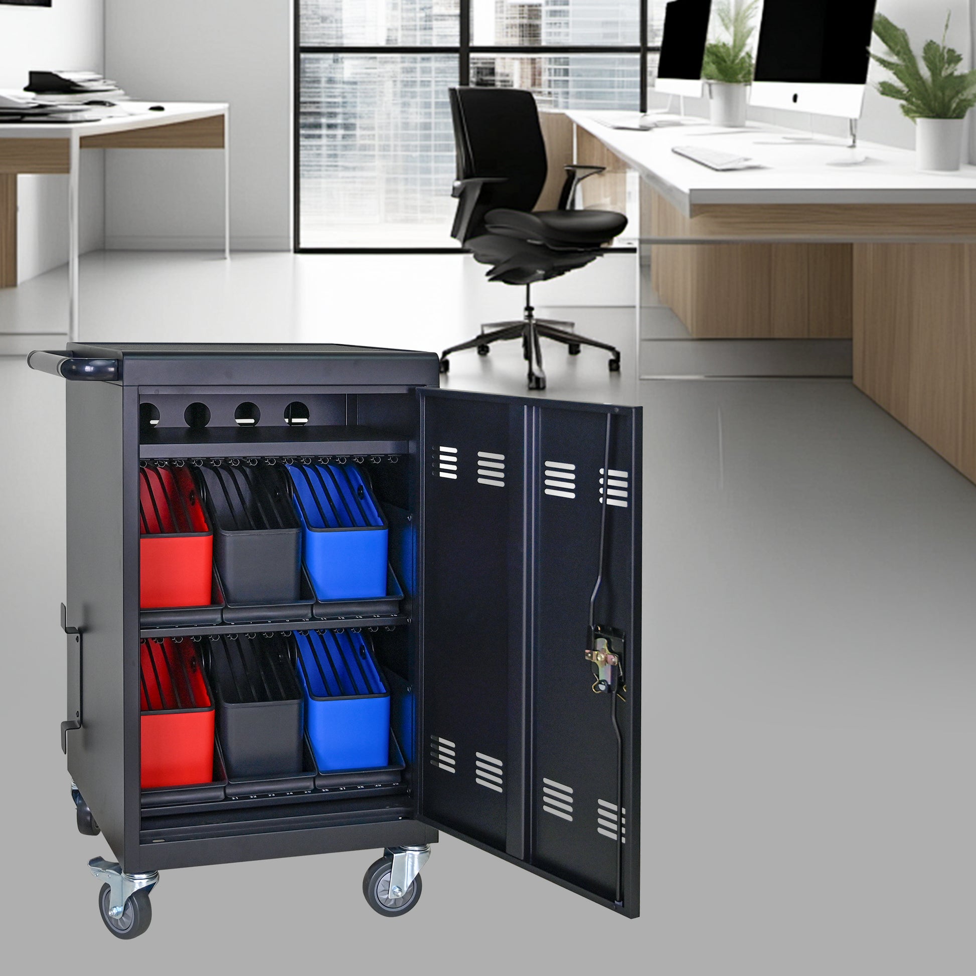 Tablet Laptop 32 Bit Plastic Device Basket Device For Mobile Charging Trolley Includes Cable Management Dividers, Cable Clips, Storage Compartment, And Removable Doors Black Matt Black Steel Metal