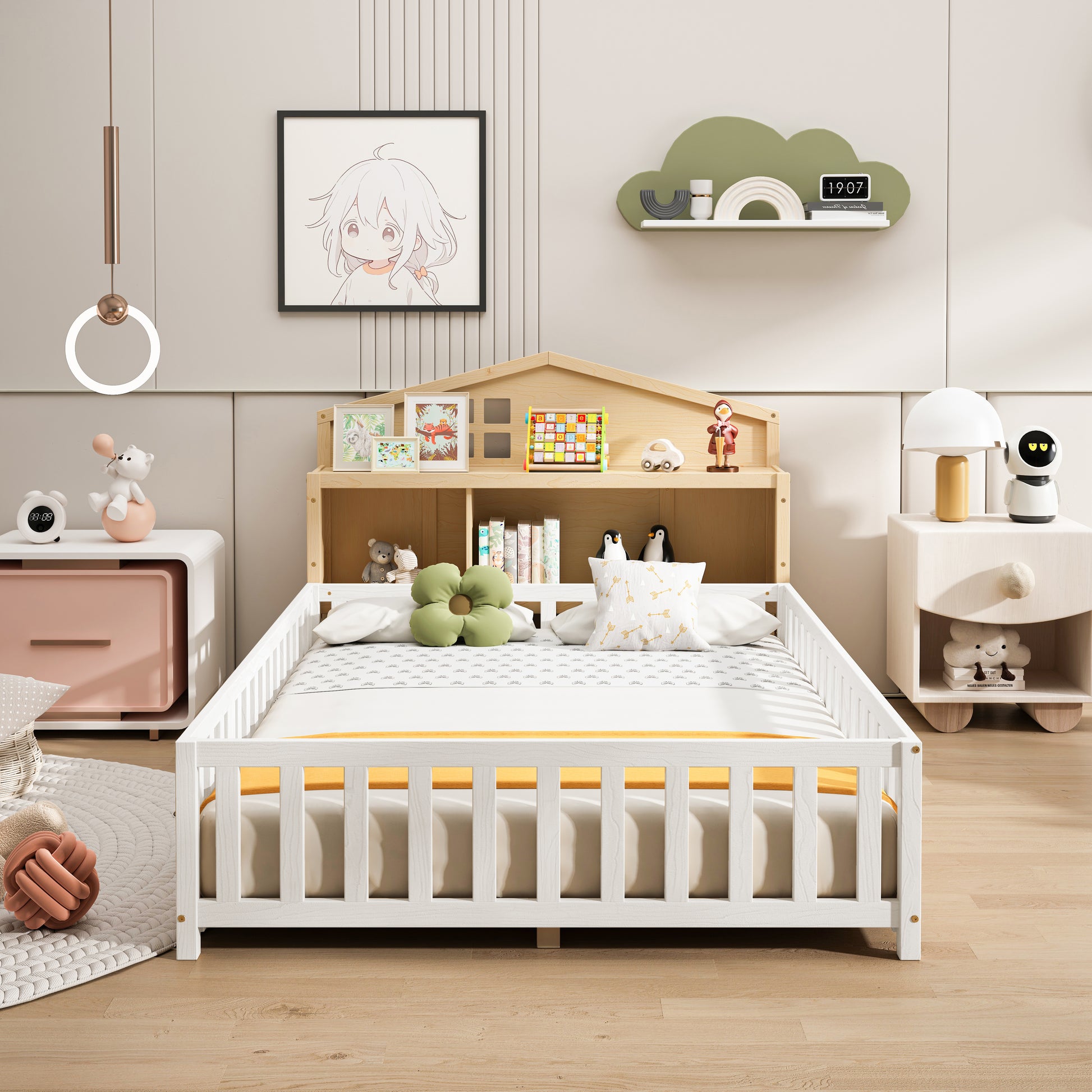 Headboard Storage Cabinet For Full Size Montessori Floor Bed Natural,Freely Collocation Natural Mdf