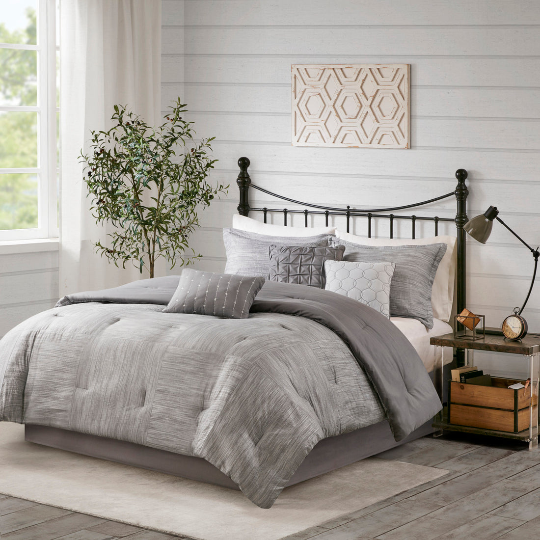 7 Piece Printed Seersucker Comforter Set Grey Cal King California King Grey Polyester